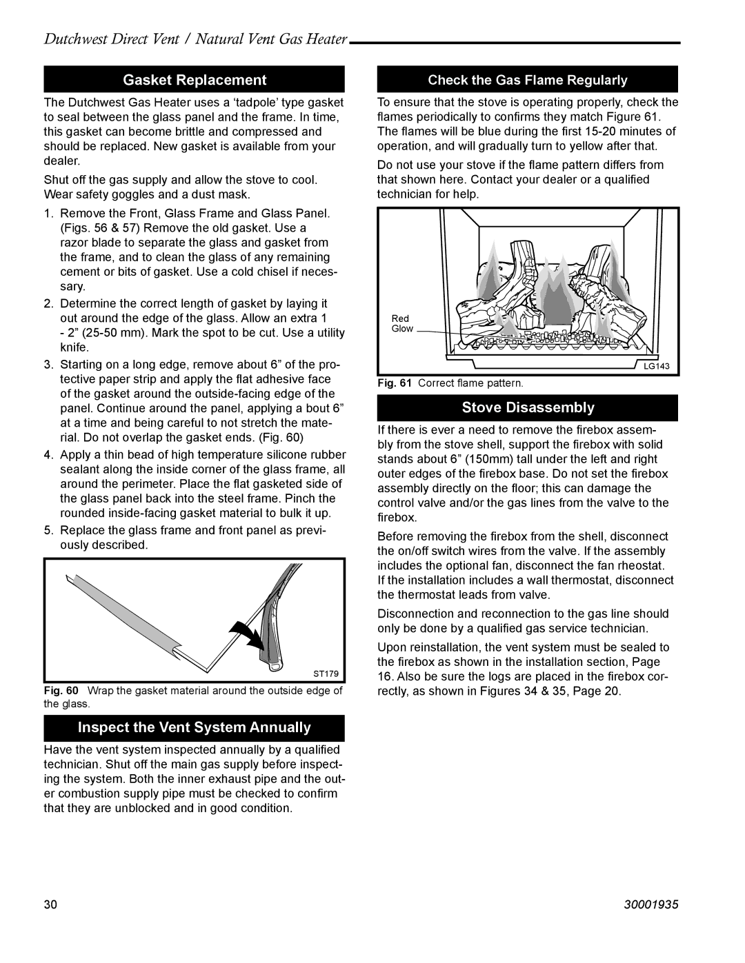 Vermont Casting 2466, 2465 manual Gasket Replacement, Inspect the Vent System Annually, Stove Disassembly 