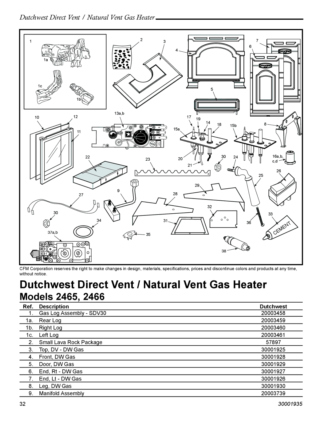 Vermont Casting 2466, 2465 manual Description Dutchwest, 16a,b 