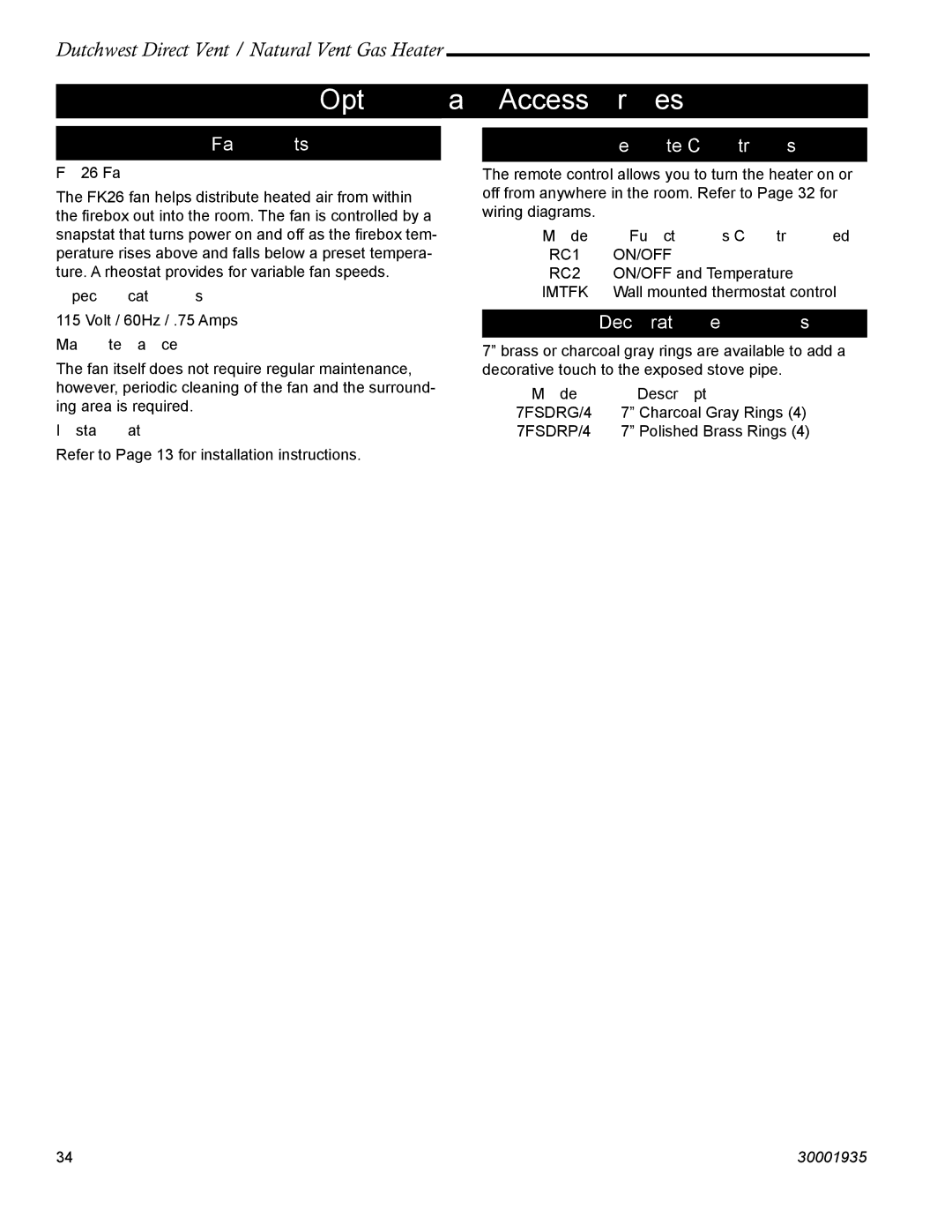 Vermont Casting 2466, 2465 manual Optional Accessories, Fan Kits, Remote Controls, Decorative Rings 