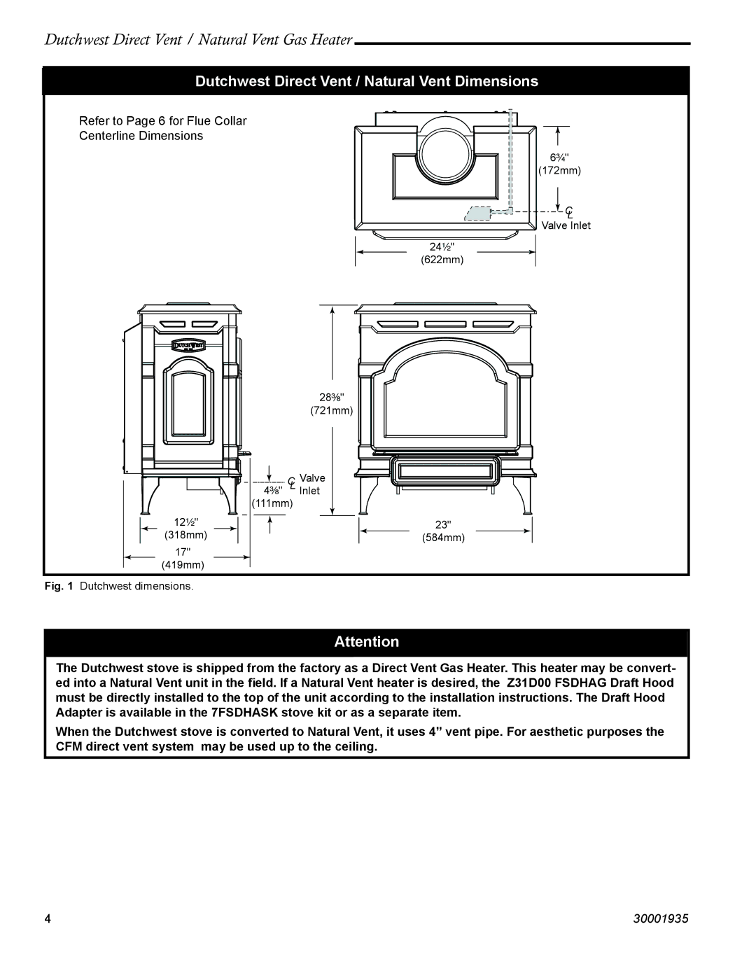 Vermont Casting 2466, 2465 manual Dutchwest Direct Vent / Natural Vent Dimensions, Dutchwest dimensions 