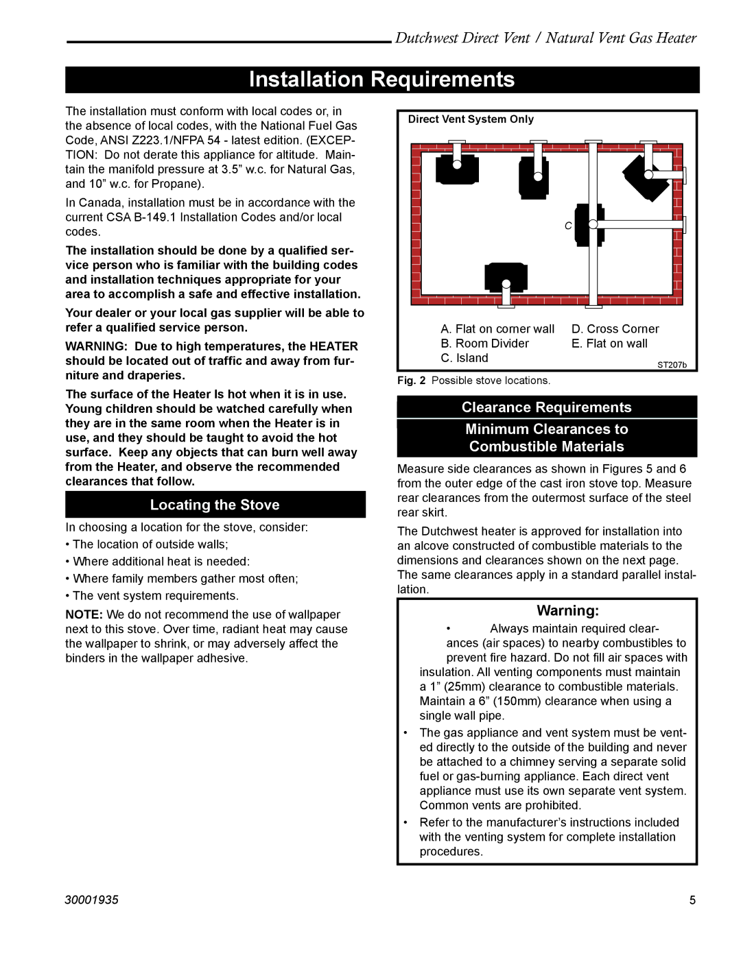 Vermont Casting 2465, 2466 manual Installation Requirements, Locating the Stove 