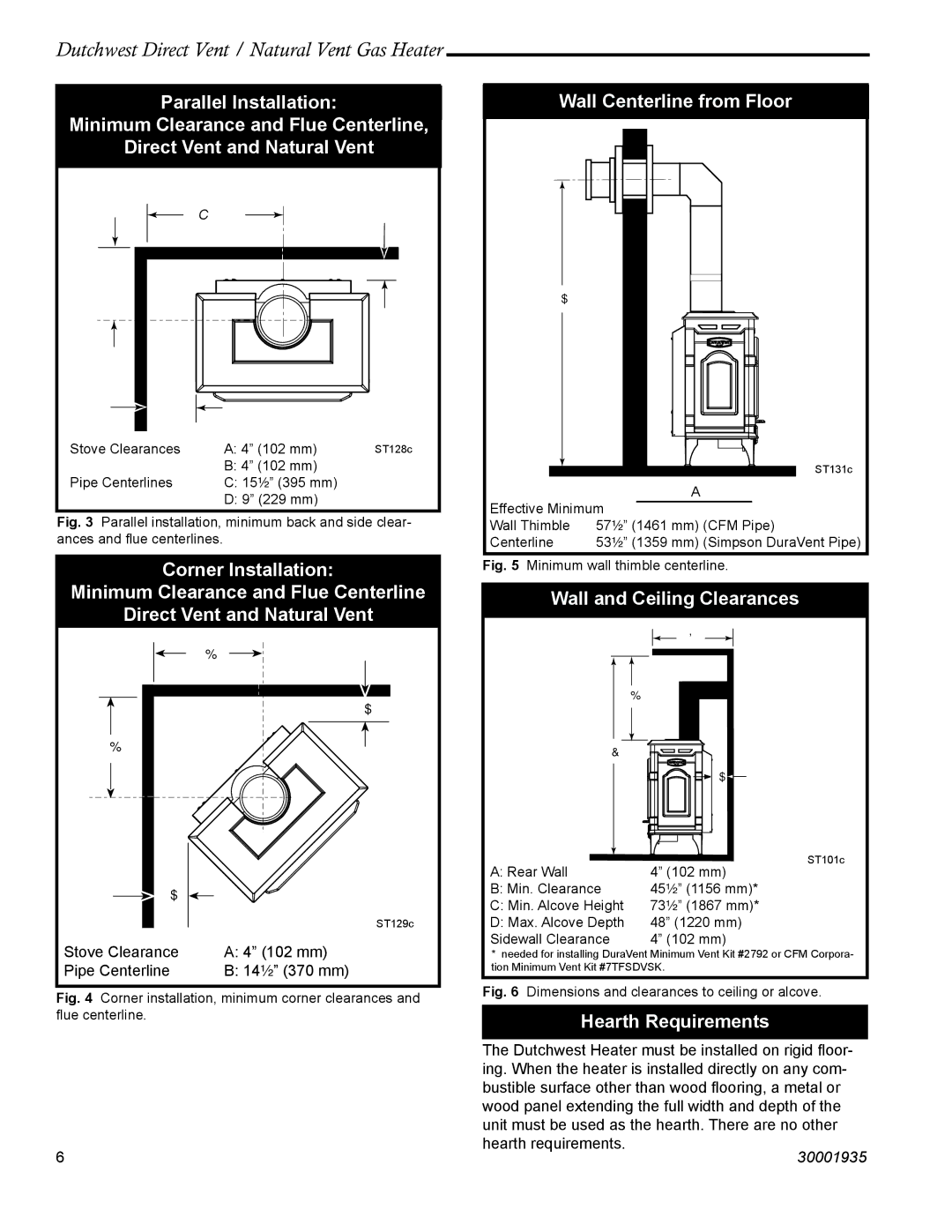 Vermont Casting 2466, 2465 manual Wall Centerline from Floor, Wall and Ceiling Clearances, Hearth Requirements 