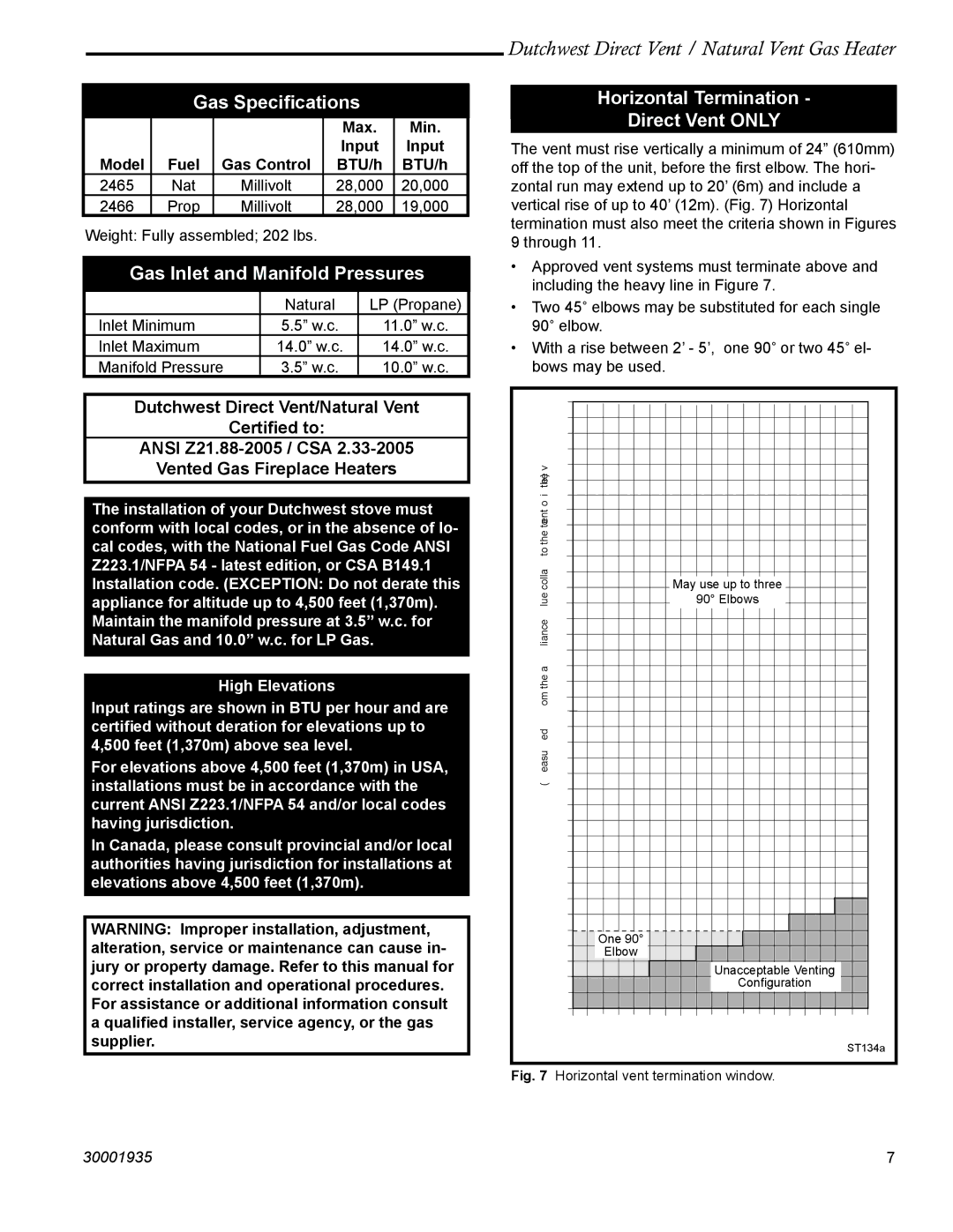 Vermont Casting 2465, 2466 Gas Speciﬁcations, Gas Inlet and Manifold Pressures, Horizontal Termination Direct Vent only 