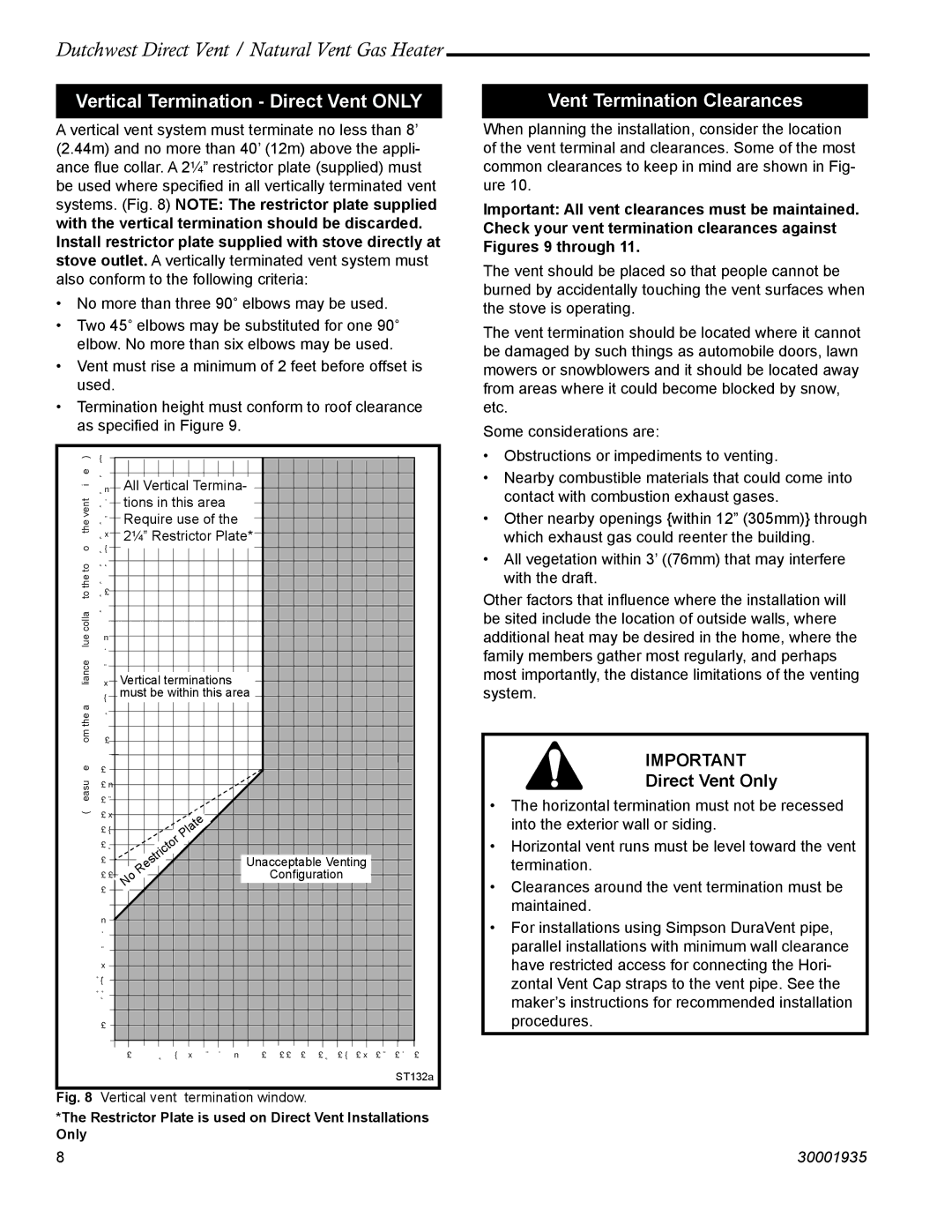 Vermont Casting 2466, 2465 manual Vertical Termination Direct Vent only, Vent Termination Clearances 