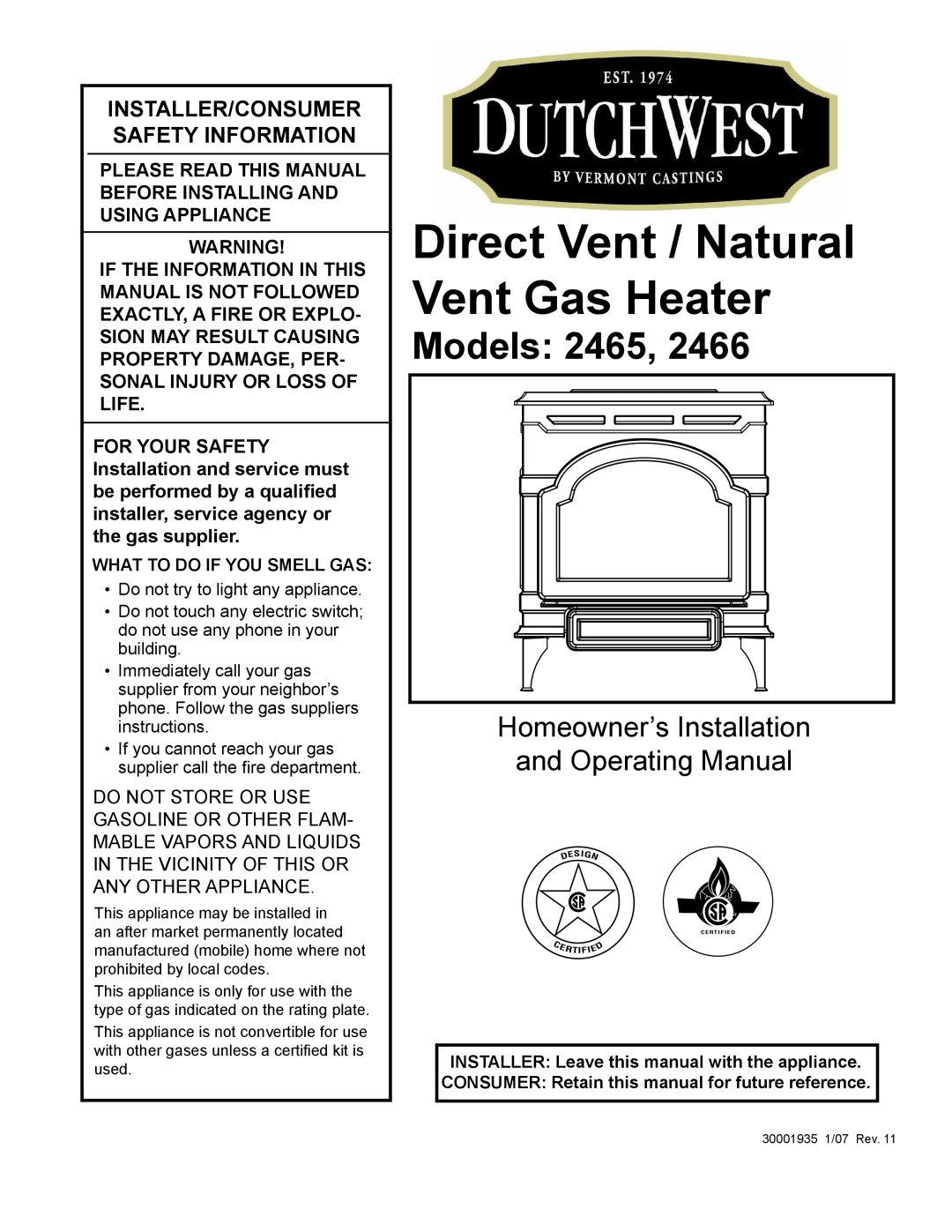 Vermont Casting 2465 manual Direct Vent / Natural Vent Gas Heater, Models, Homeowner’s Installation and Operating Manual 