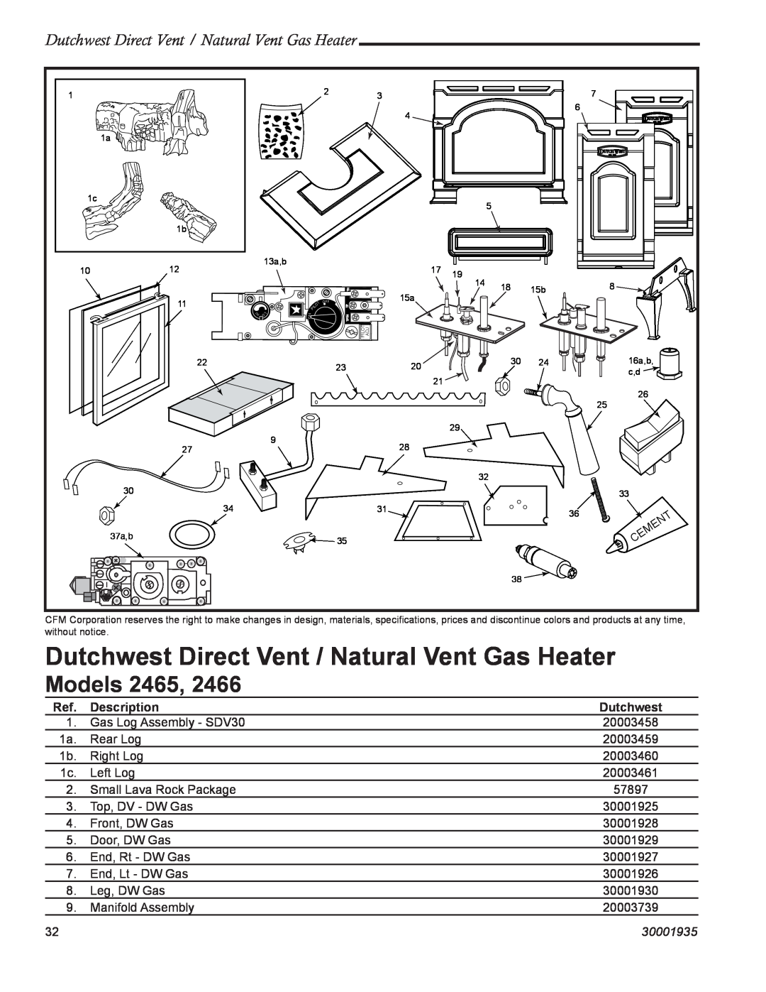 Vermont Casting 2466, 2465 manual Models, Dutchwest Direct Vent / Natural Vent Gas Heater, 30001935 