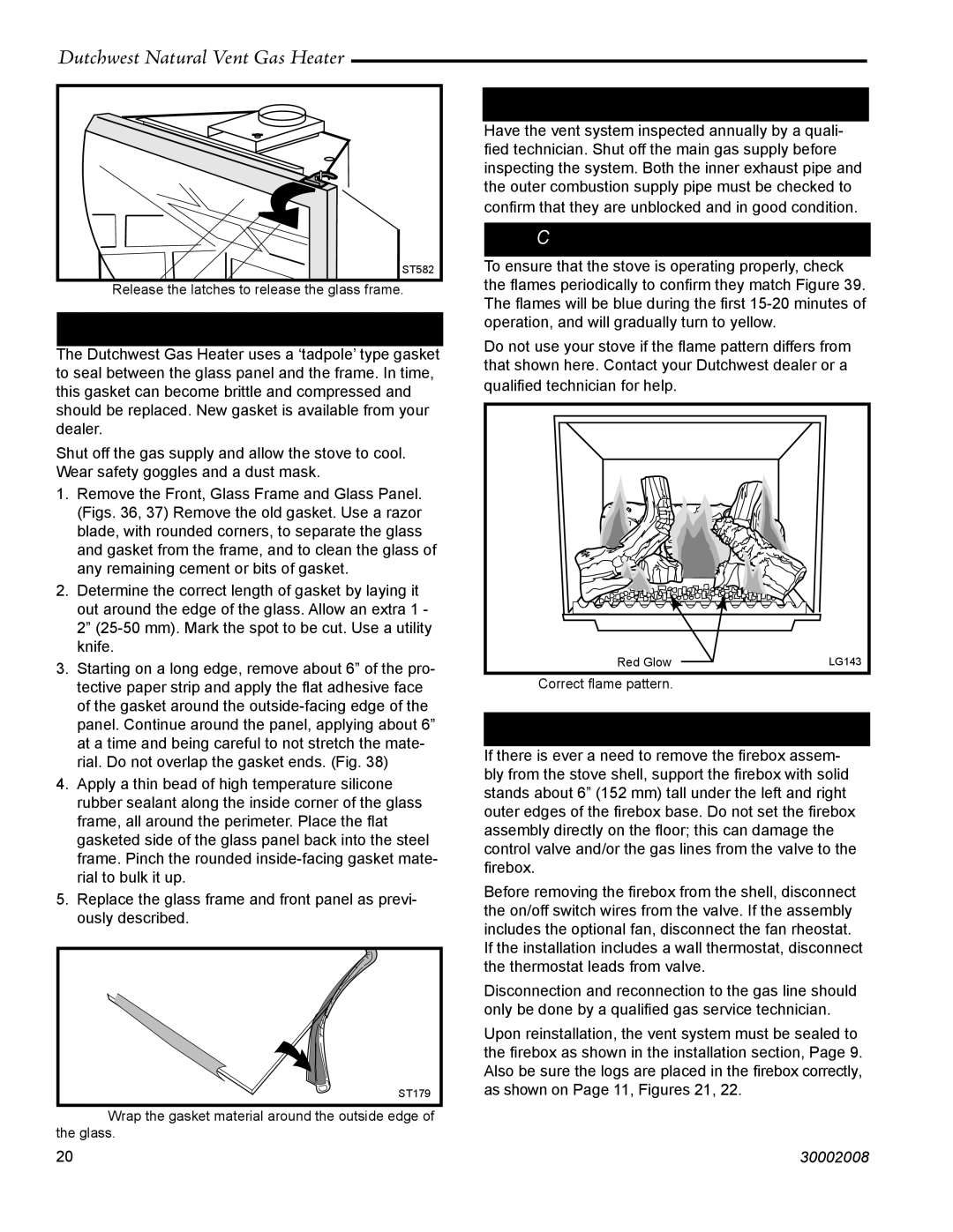 Vermont Casting 2467, 2468 manual Gasket Replacement, Inspect the Vent System Annually, Check the Gas Flame Regularly 