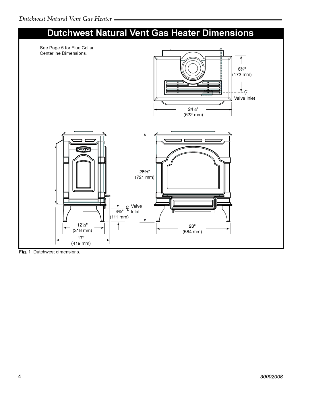 Vermont Casting 2467, 2468 manual Dutchwest Natural Vent Gas Heater Dimensions, Dutchwest dimensions 