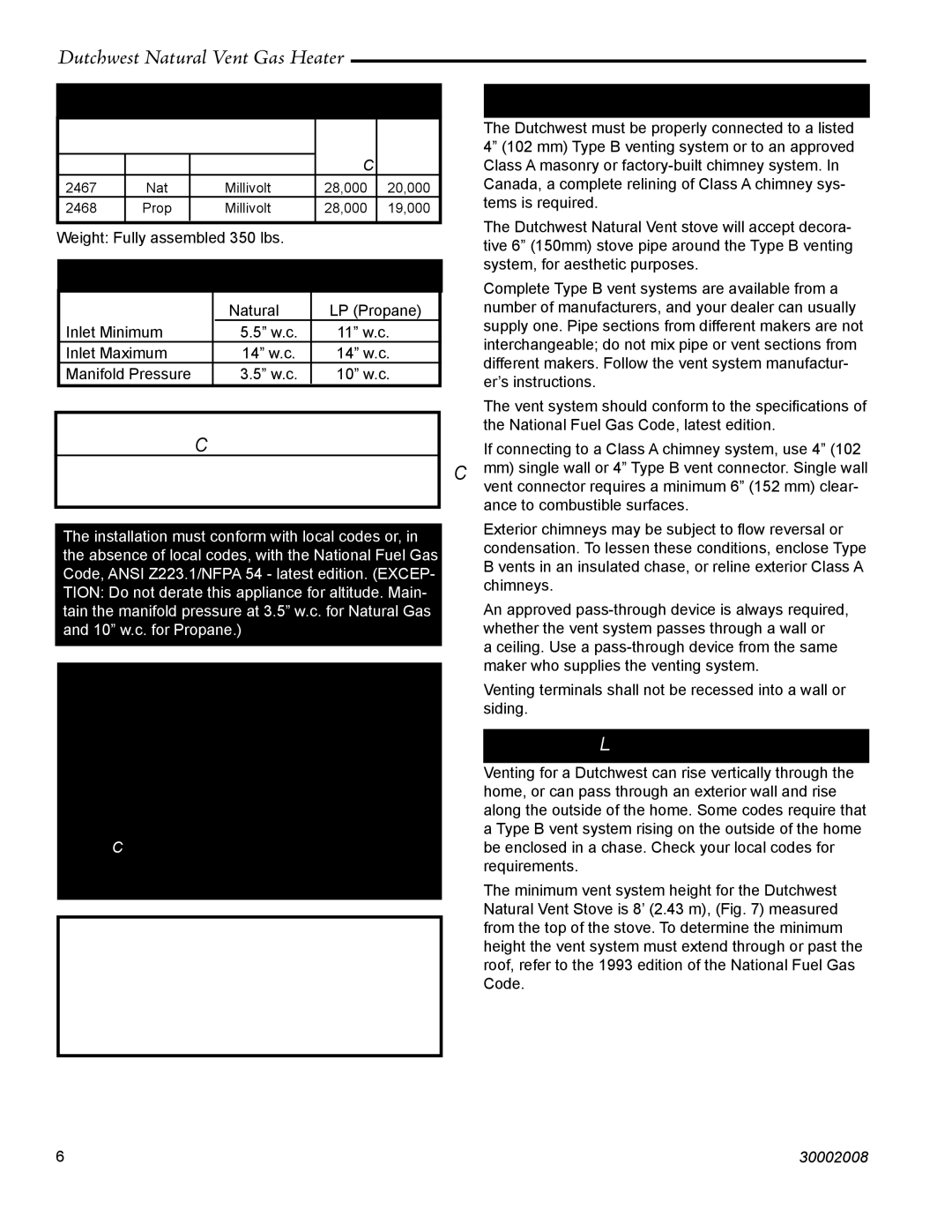 Vermont Casting 2467, 2468 manual Gas Speciﬁcations, Gas Inlet and Manifold Pressures, High Elevations 