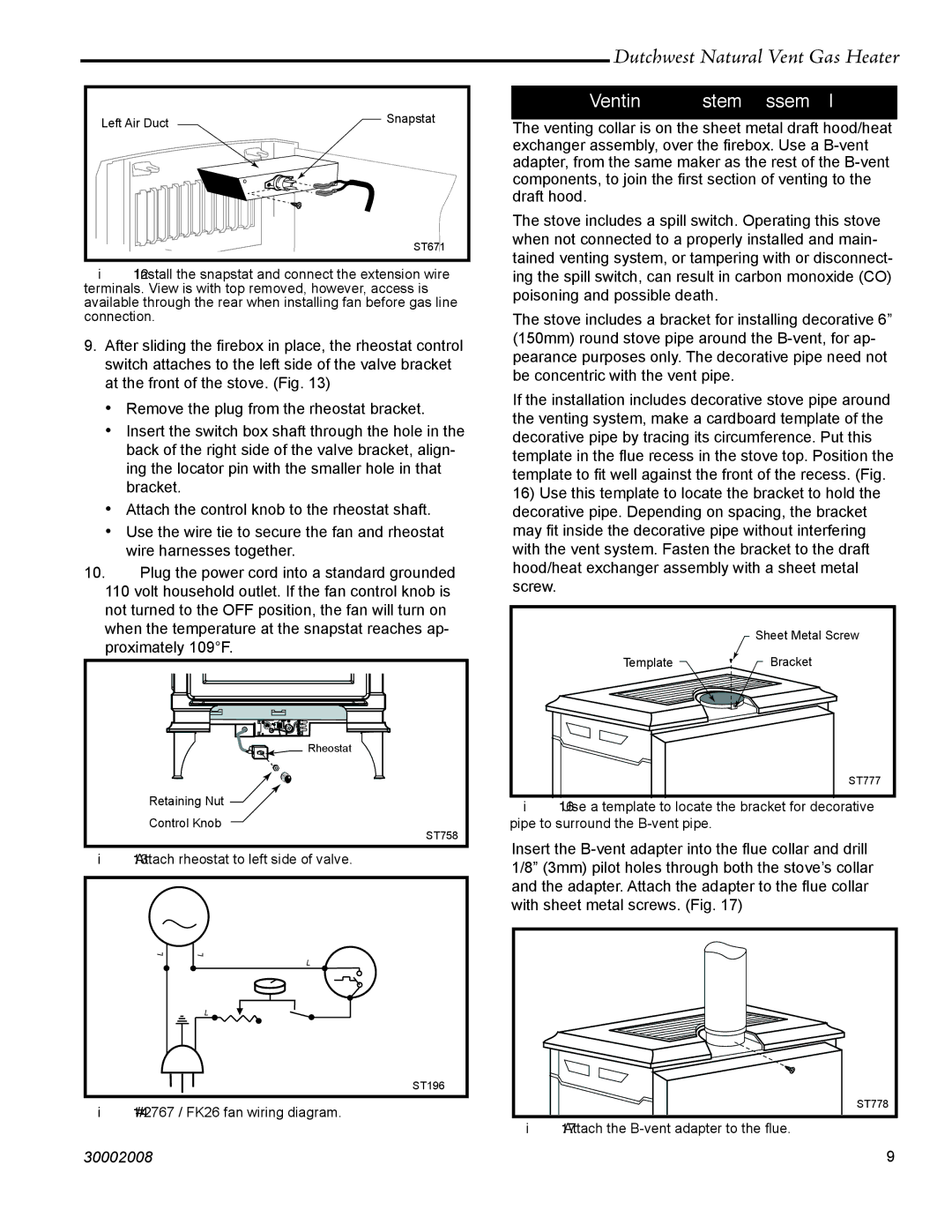 Vermont Casting 2468, 2467 manual Venting System Assembly, Attach rheostat to left side of valve 