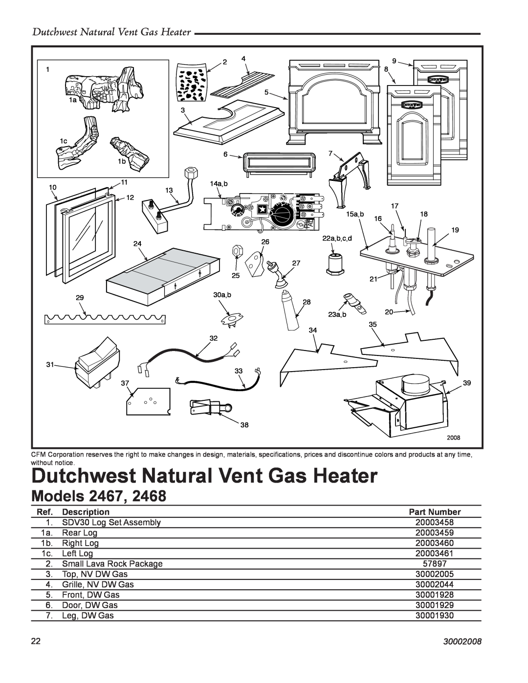 Vermont Casting 2467, 2468 manual Models, Dutchwest Natural Vent Gas Heater, 30002008 