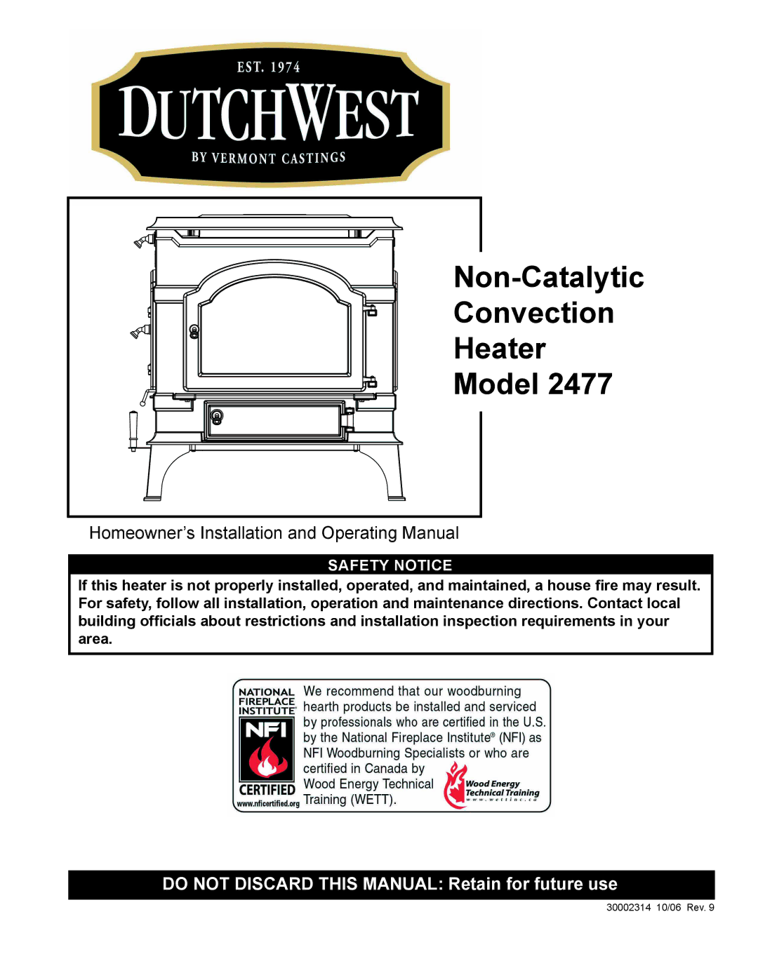 Vermont Casting 2477 manual Non-Catalytic Convection Heater Model 