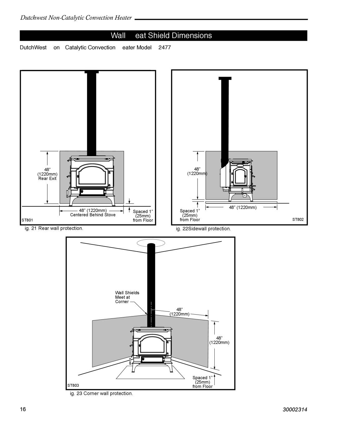 Vermont Casting manual Wall Heat Shield Dimensions, DutchWest Non-Catalytic Convection Heater Model #2477 