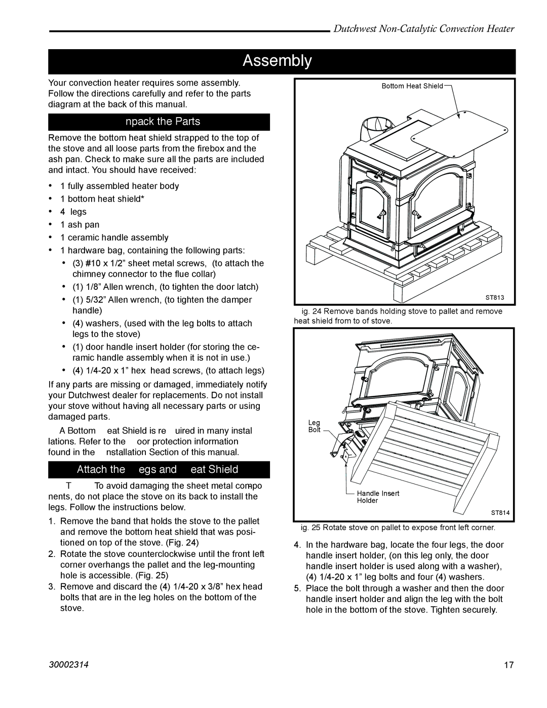 Vermont Casting 2477 manual Assembly, Unpack the Parts, Attach the Legs and Heat Shield 