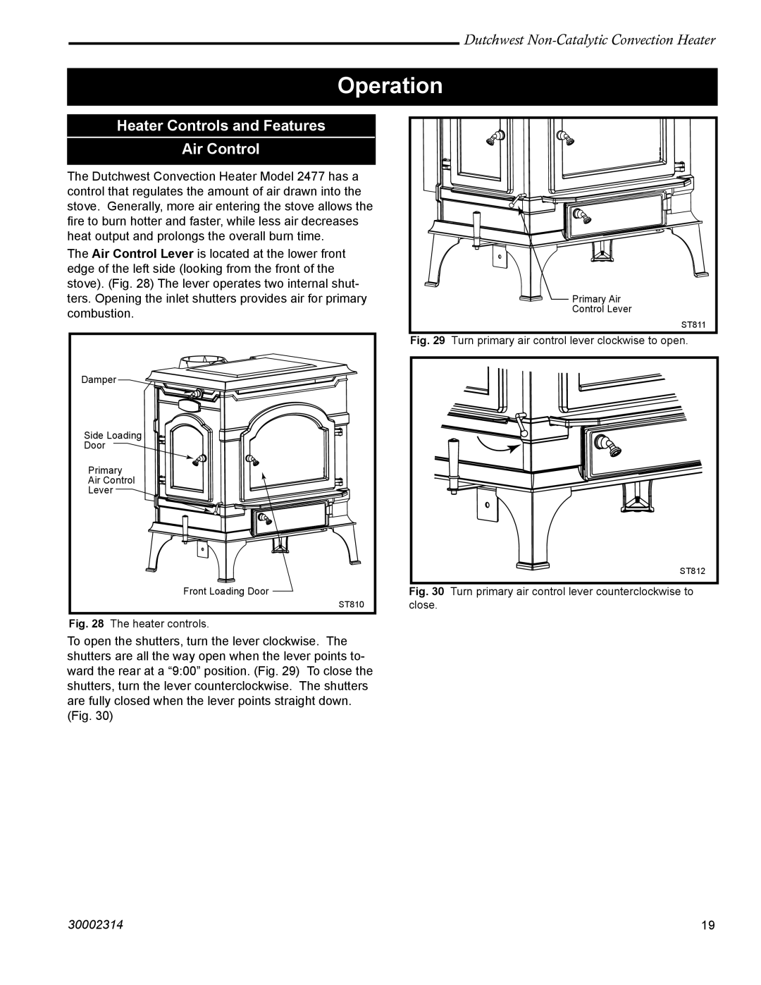 Vermont Casting 2477 manual Operation, Heater Controls and Features Air Control 