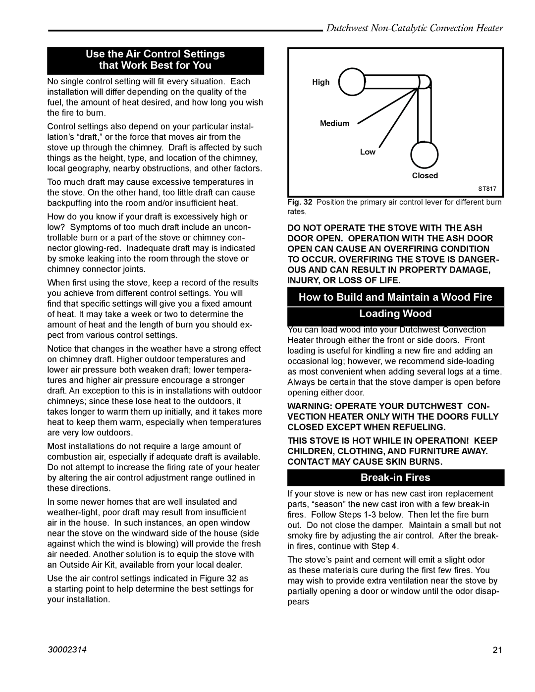 Vermont Casting 2477 manual Use the Air Control Settings That Work Best for You, Break-in Fires 