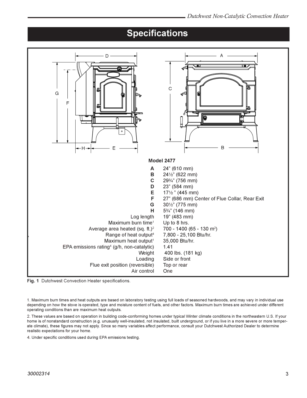 Vermont Casting 2477 manual Speciﬁcations, Model 