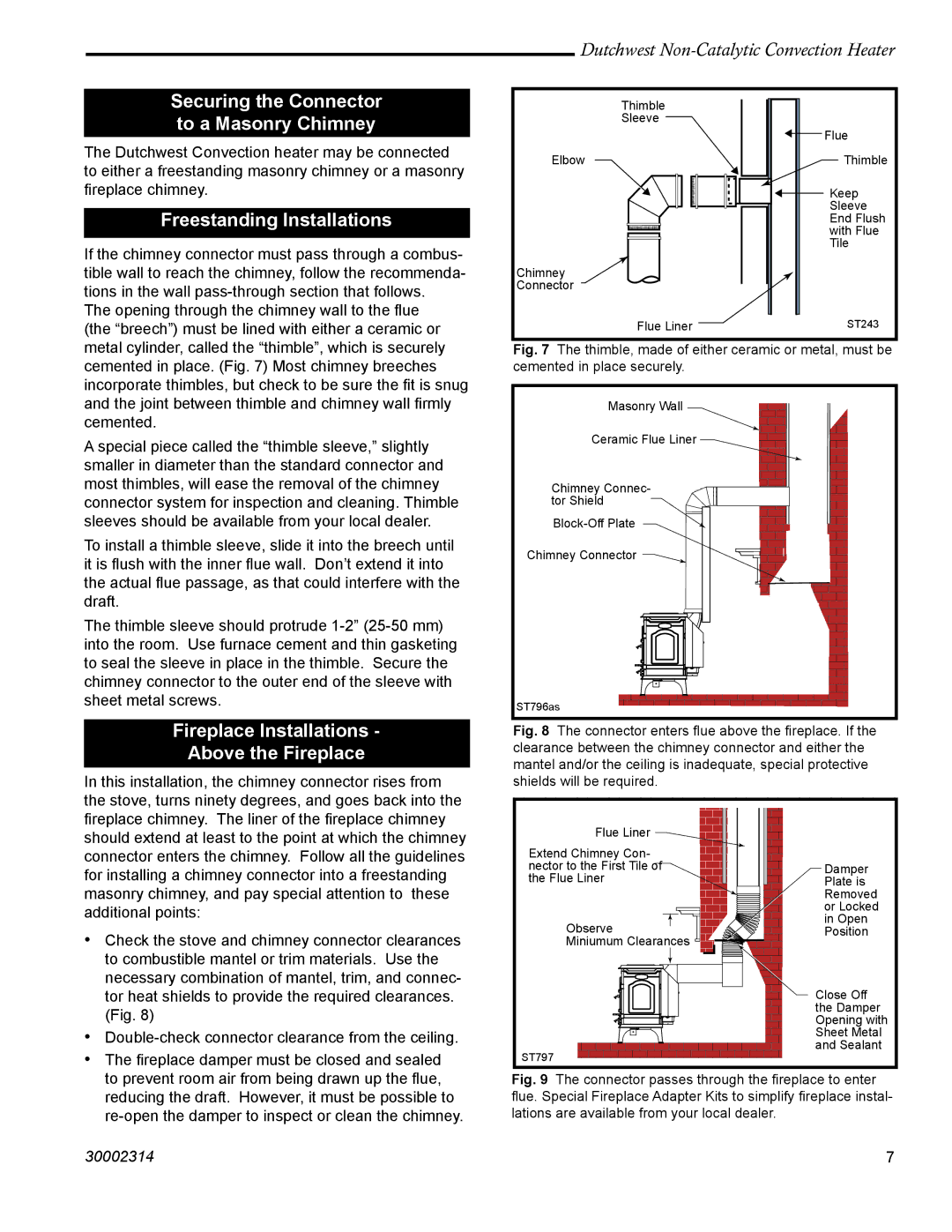 Vermont Casting 2477 manual Securing the Connector to a Masonry Chimney, Freestanding Installations 