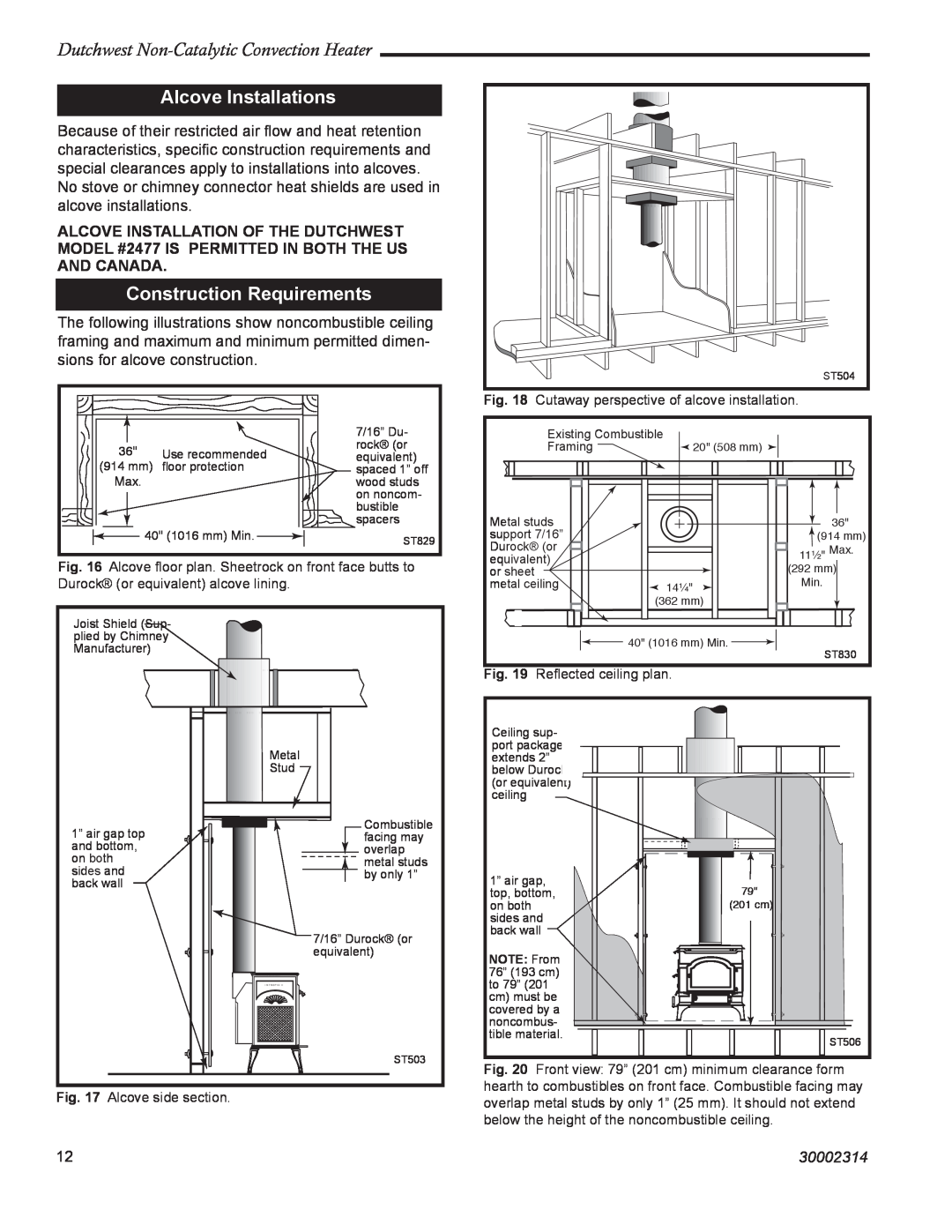 Vermont Casting 2477 Alcove Installations, Construction Requirements, Dutchwest Non-CatalyticConvection Heater, 30002314 