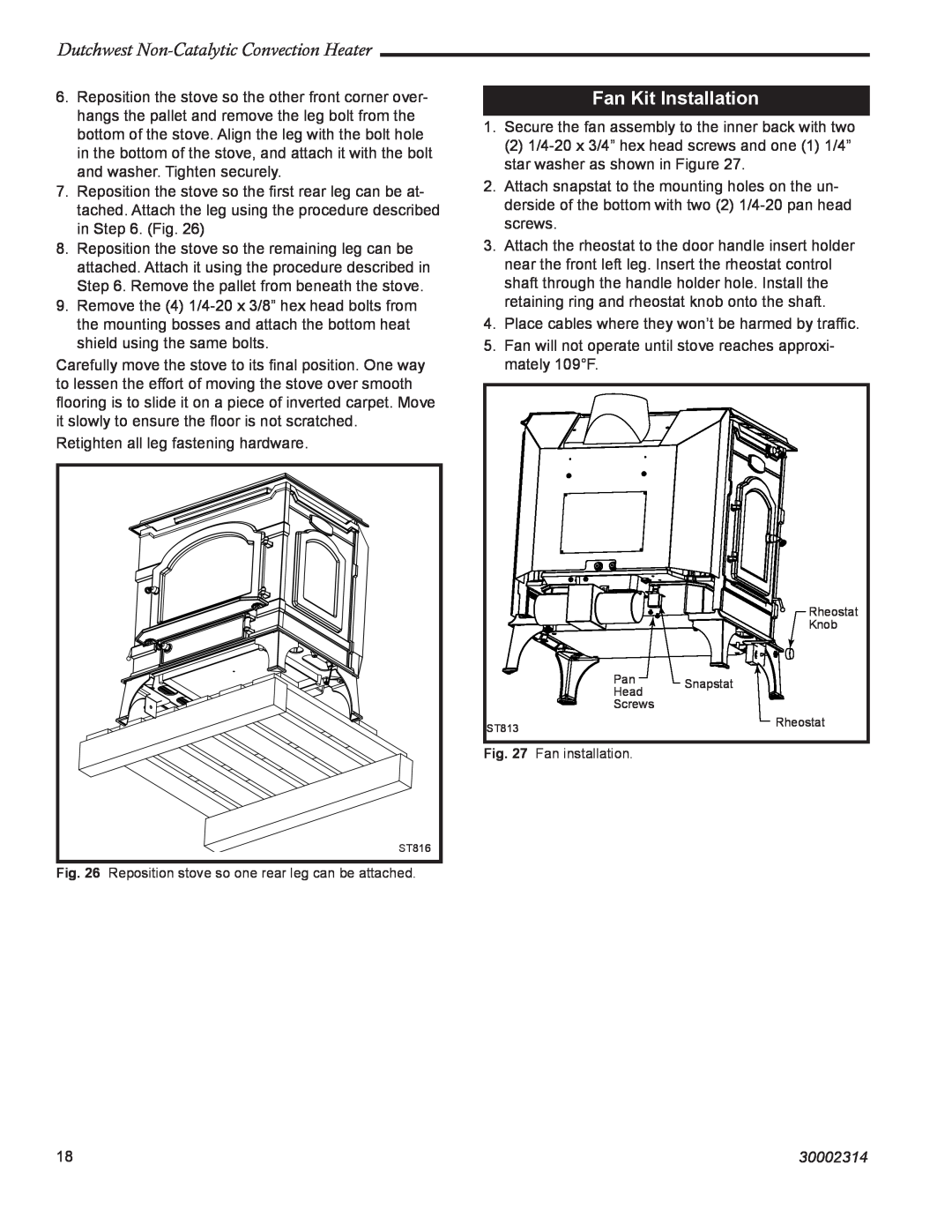 Vermont Casting 2477 manual Fan Kit Installation, Dutchwest Non-CatalyticConvection Heater, 30002314 