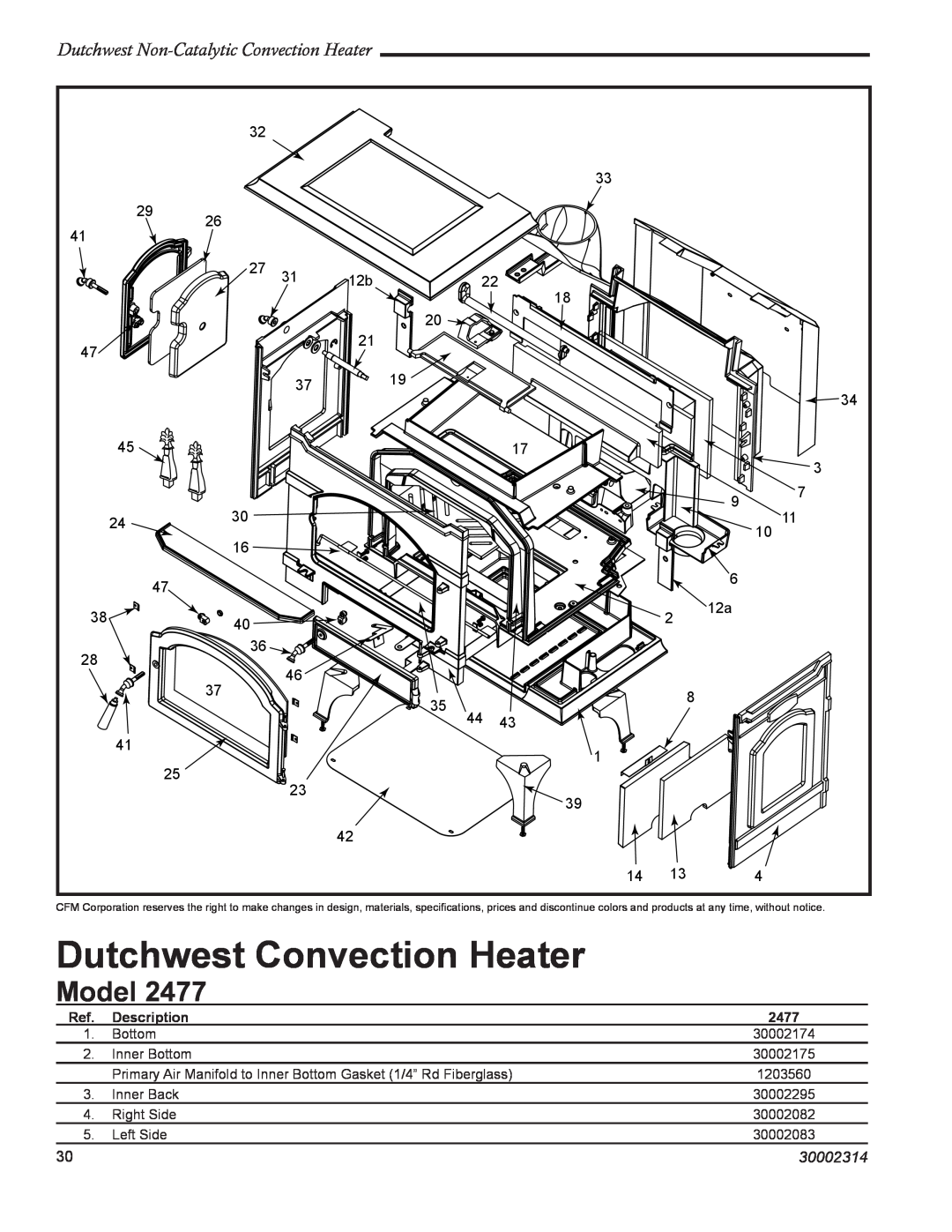 Vermont Casting 2477 manual Dutchwest Convection Heater, Model, Dutchwest Non-CatalyticConvection Heater, 30002314 