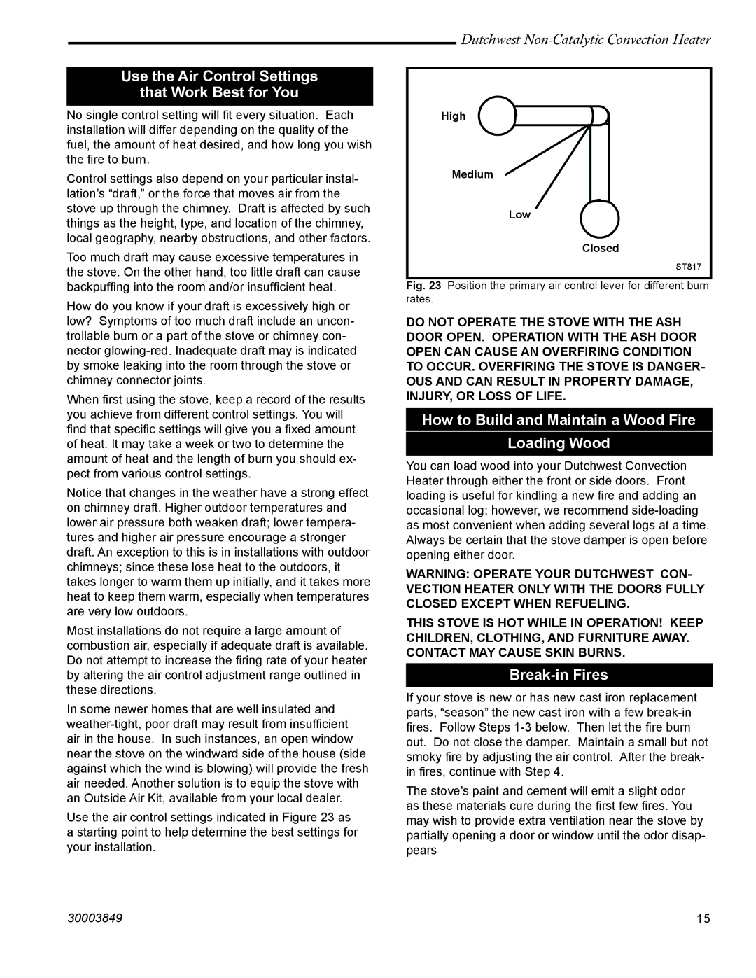 Vermont Casting 2477CE manual Use the Air Control Settings That Work Best for You, Break-in Fires 