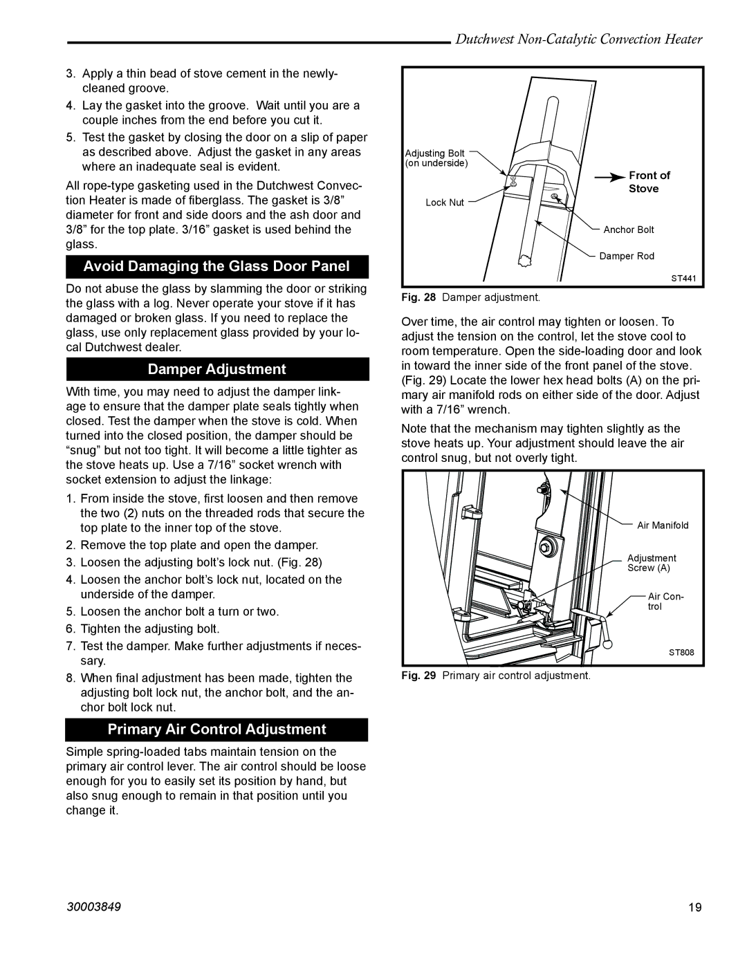 Vermont Casting 2477CE manual Avoid Damaging the Glass Door Panel, Damper Adjustment, Primary Air Control Adjustment 