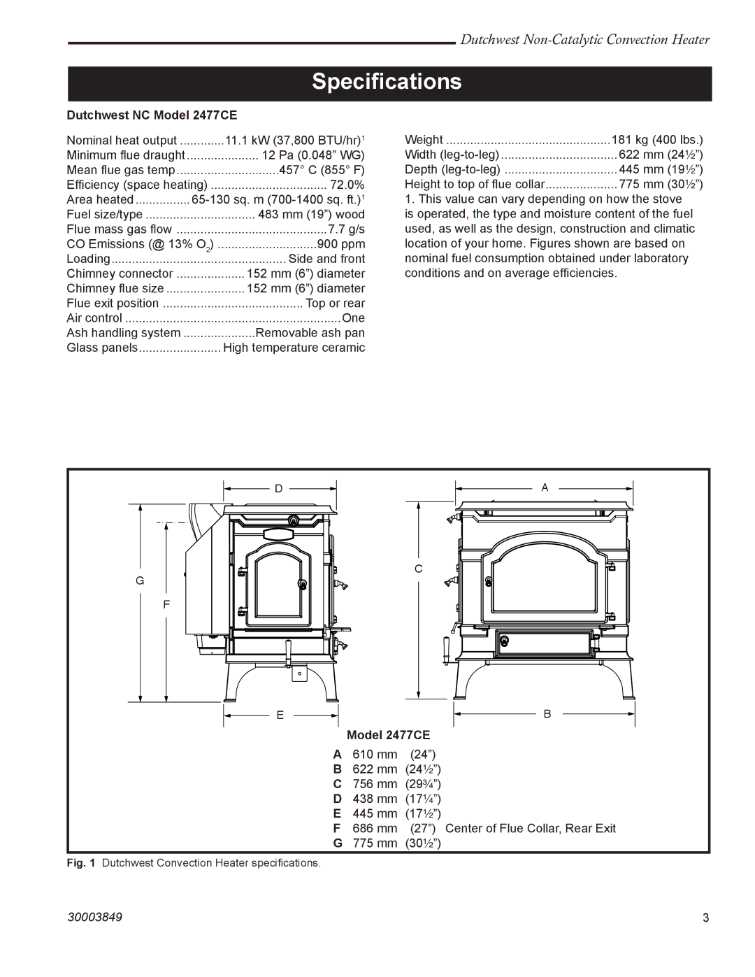 Vermont Casting manual Speciﬁcations, Dutchwest NC Model 2477CE 