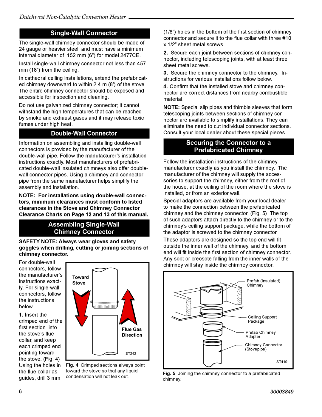 Vermont Casting 2477CE manual Single-Wall Connector, Double-Wall Connector, Assembling Single-Wall Chimney Connector 