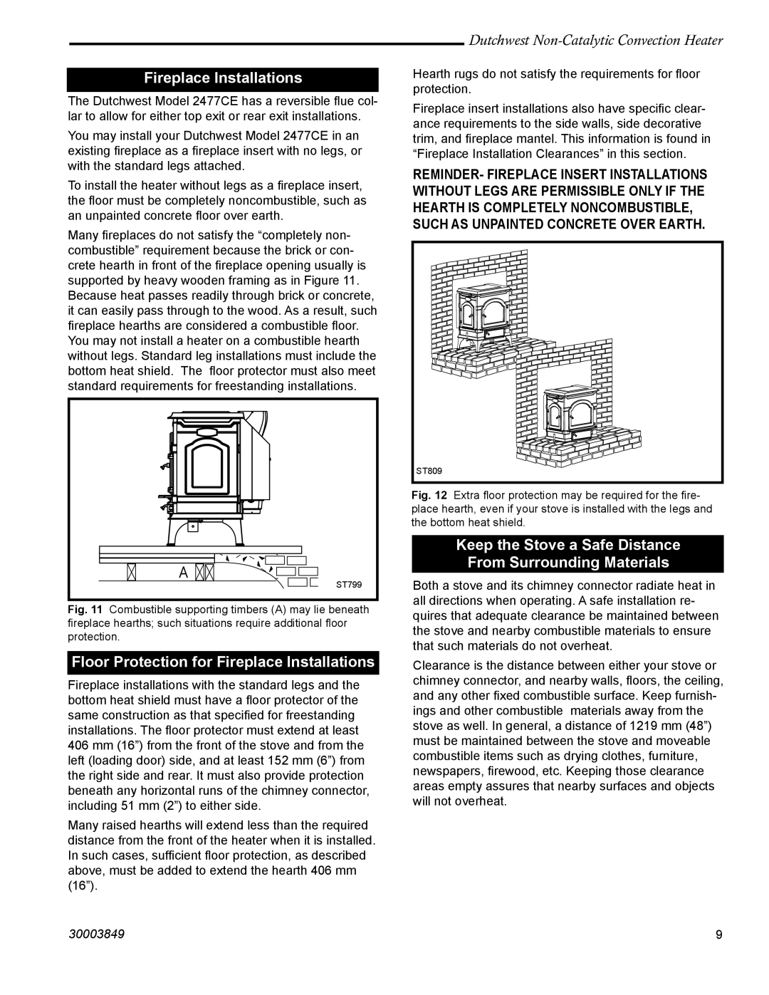 Vermont Casting 2477CE manual Floor Protection for Fireplace Installations 