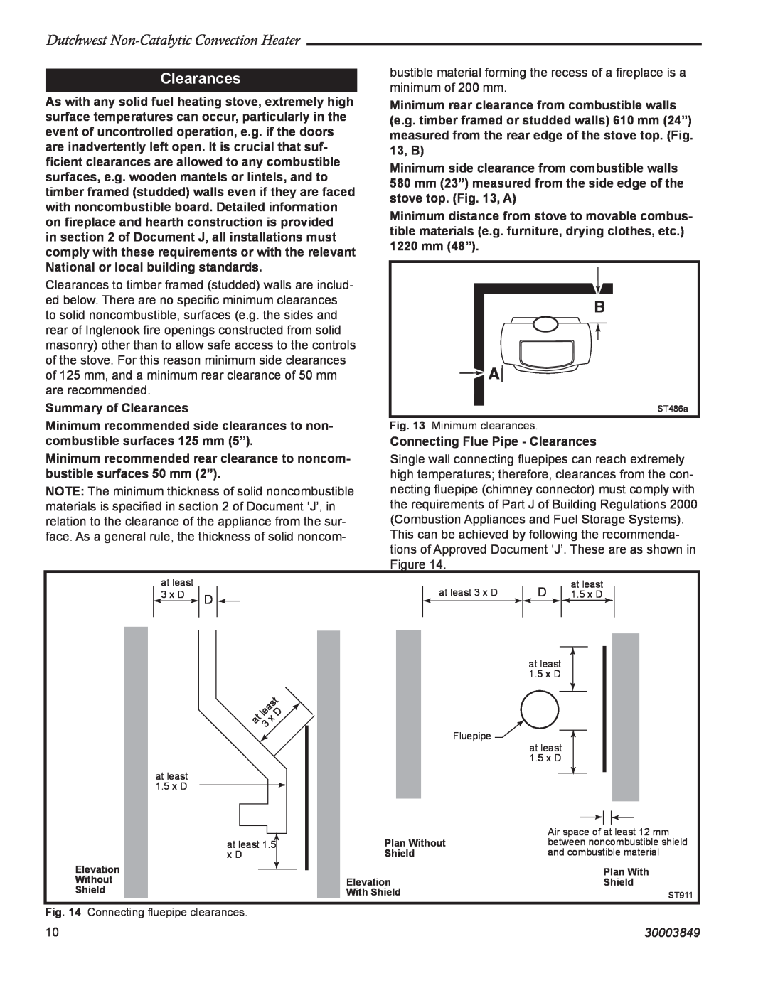 Vermont Casting 2477CE manual Clearances, Dutchwest Non-CatalyticConvection Heater, 30003849 