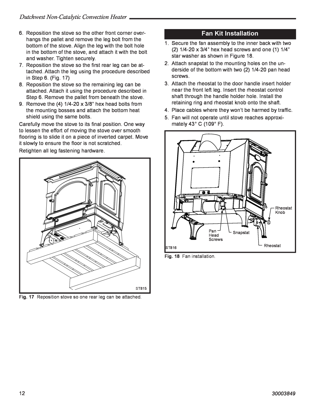 Vermont Casting 2477CE manual Fan Kit Installation, Dutchwest Non-CatalyticConvection Heater, 30003849 