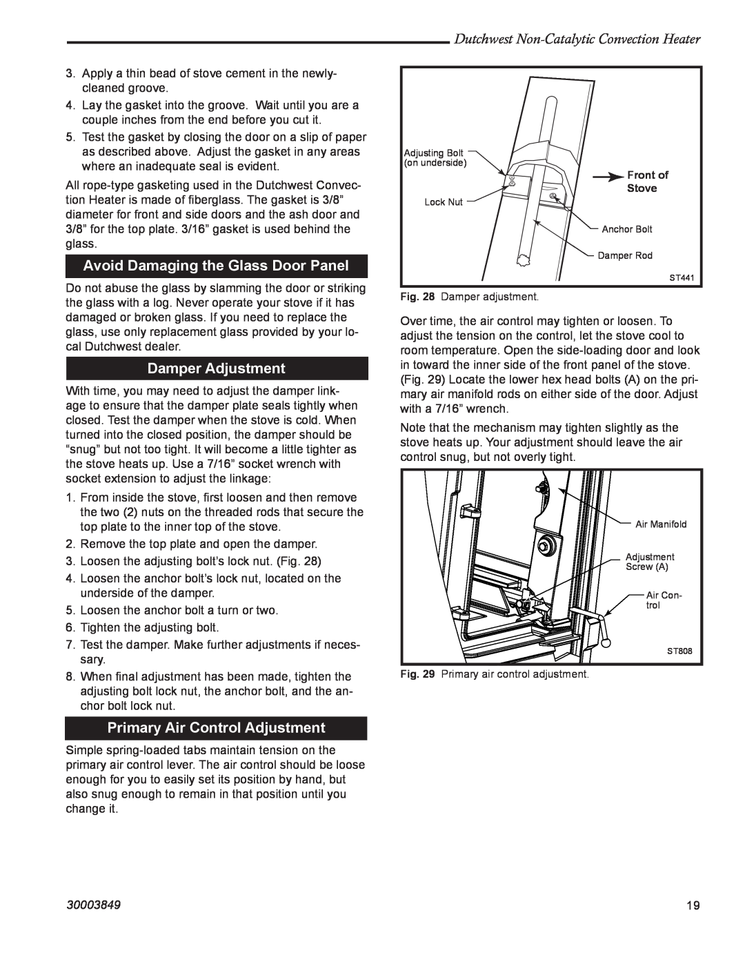 Vermont Casting 2477CE Avoid Damaging the Glass Door Panel, Damper Adjustment, Primary Air Control Adjustment, 30003849 