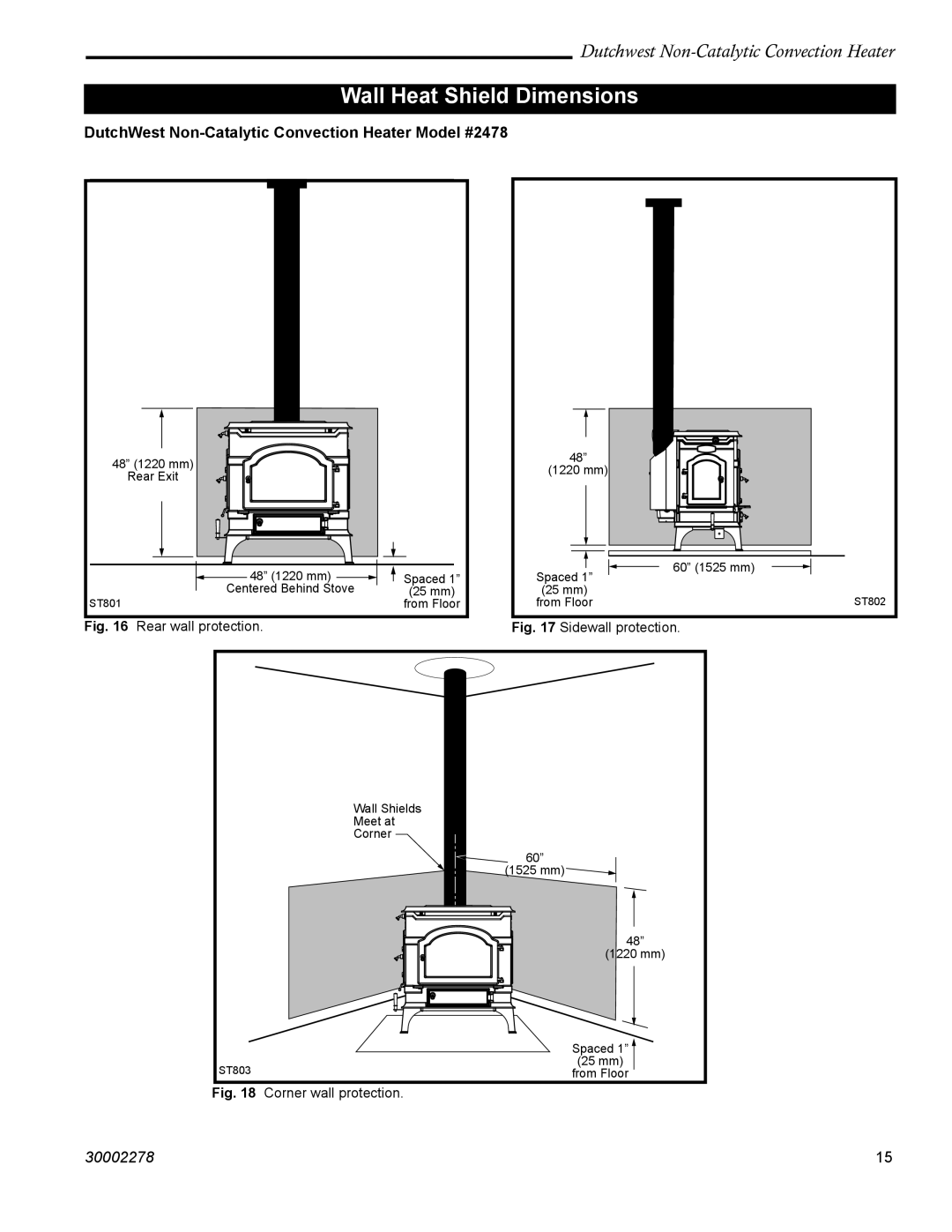 Vermont Casting manual Wall Heat Shield Dimensions, DutchWest Non-Catalytic Convection Heater Model #2478 