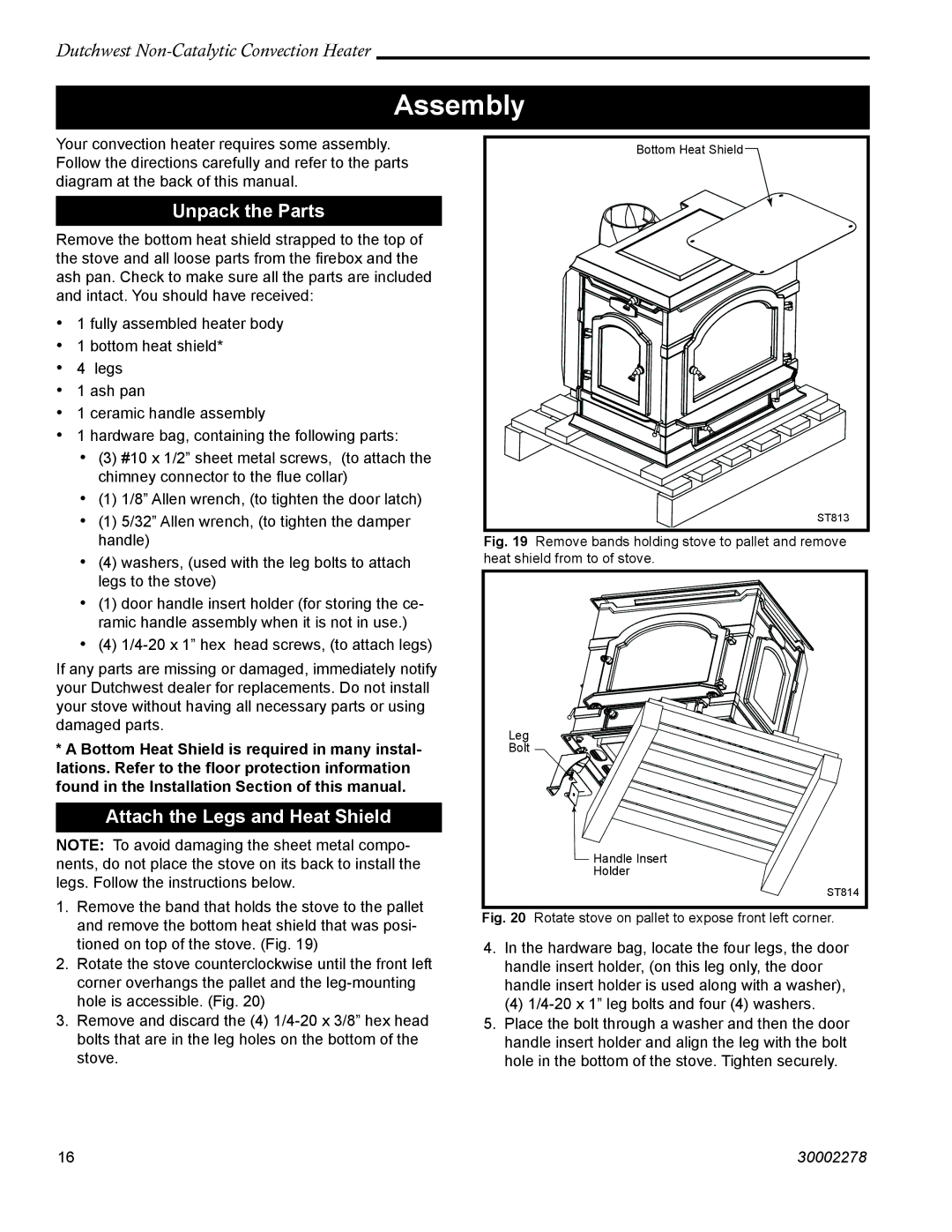 Vermont Casting 2478 manual Assembly, Unpack the Parts, Attach the Legs and Heat Shield 