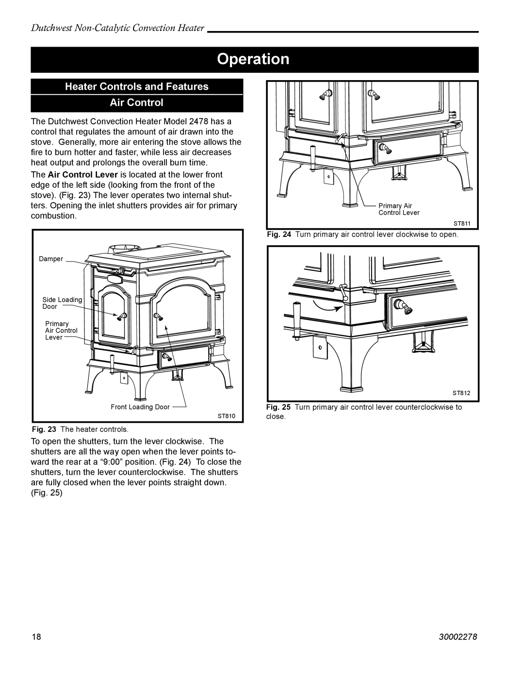 Vermont Casting 2478 manual Operation, Heater Controls and Features Air Control 