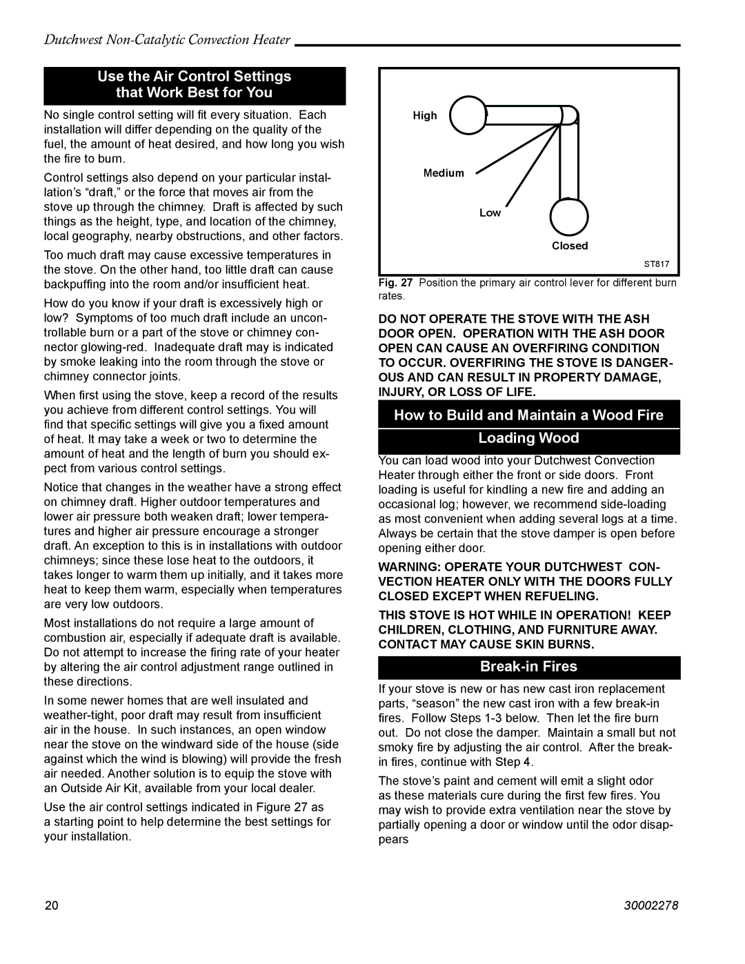 Vermont Casting 2478 manual Use the Air Control Settings That Work Best for You, Break-in Fires 