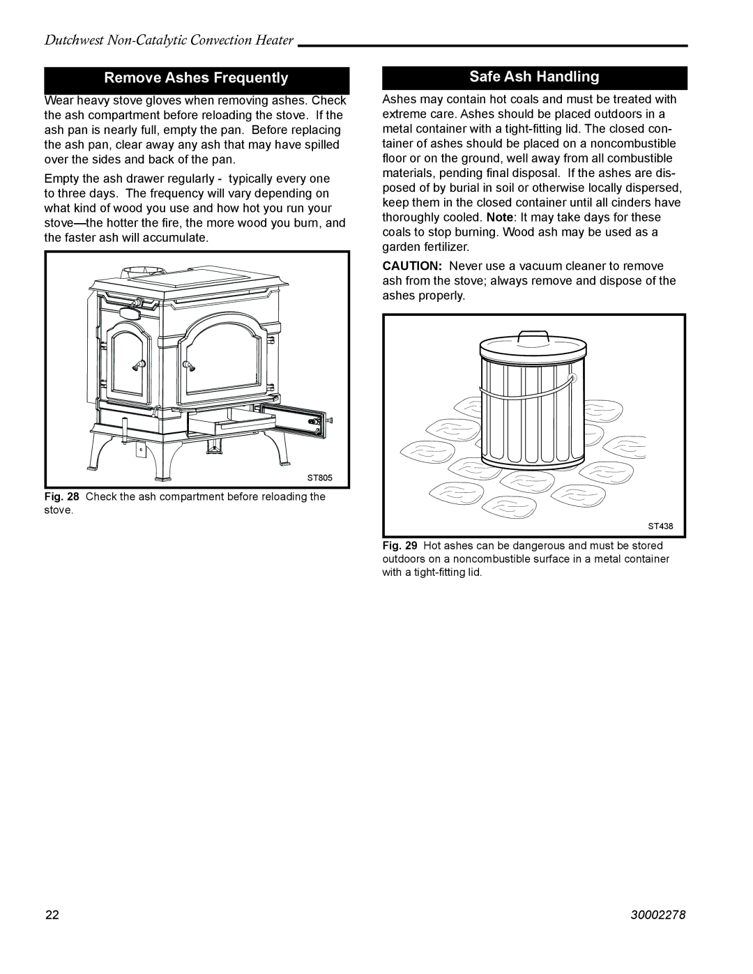 Vermont Casting 2478 manual Remove Ashes Frequently, Safe Ash Handling 