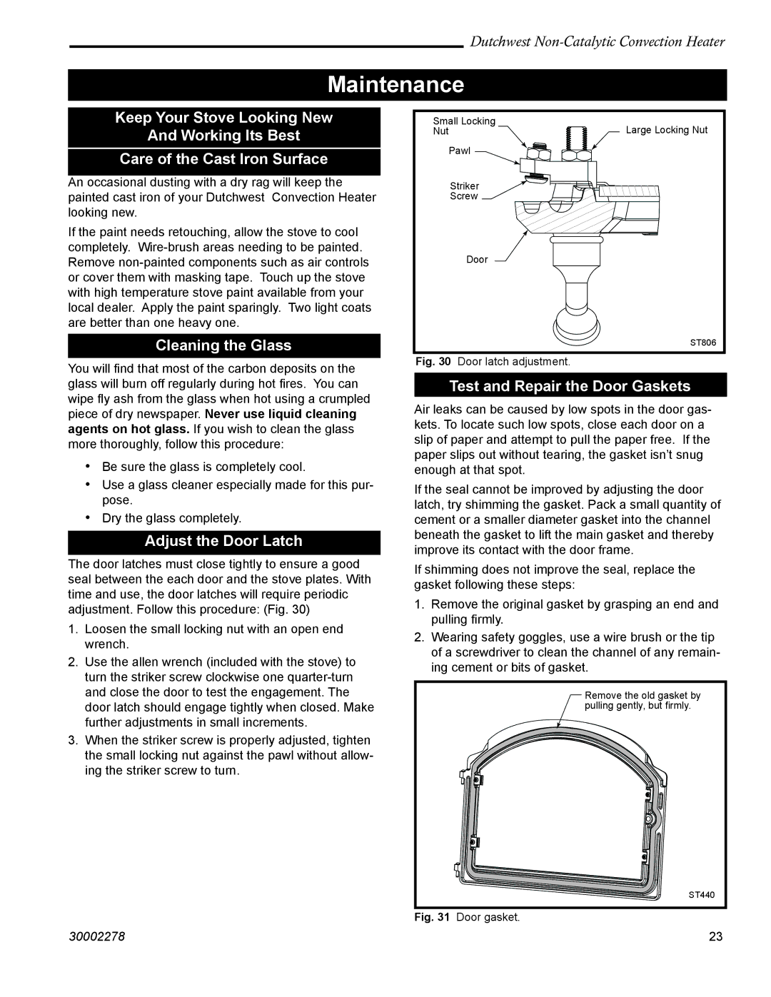 Vermont Casting 2478 manual Maintenance, Cleaning the Glass, Adjust the Door Latch, Test and Repair the Door Gaskets 