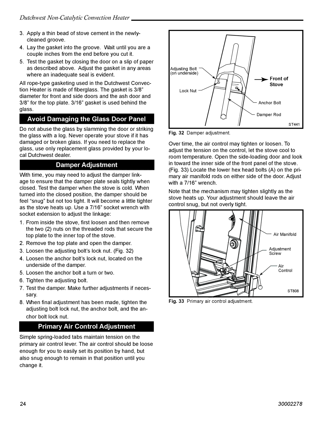 Vermont Casting 2478 manual Avoid Damaging the Glass Door Panel, Damper Adjustment, Primary Air Control Adjustment 