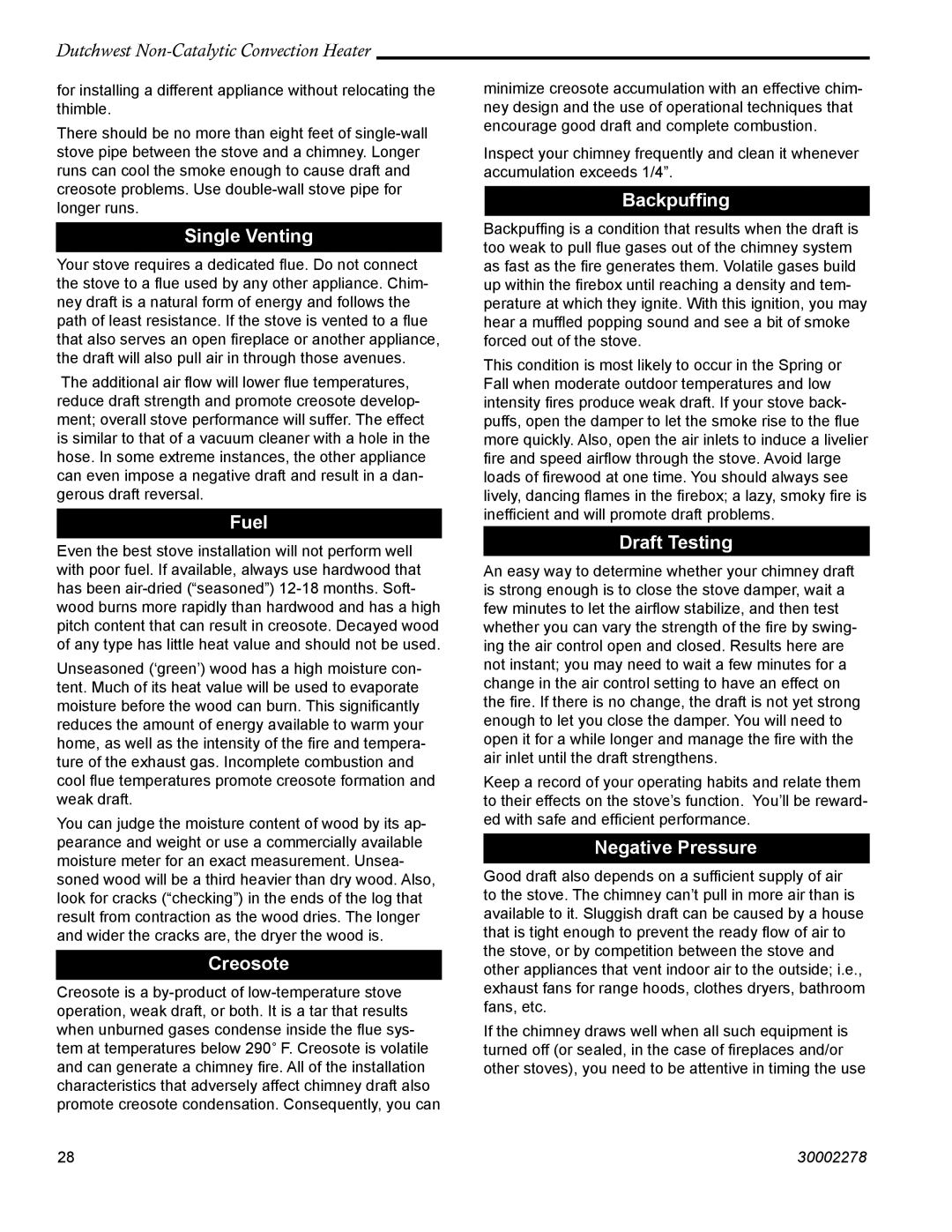 Vermont Casting 2478 manual Single Venting, Fuel, Creosote, Backpufﬁng, Draft Testing, Negative Pressure 