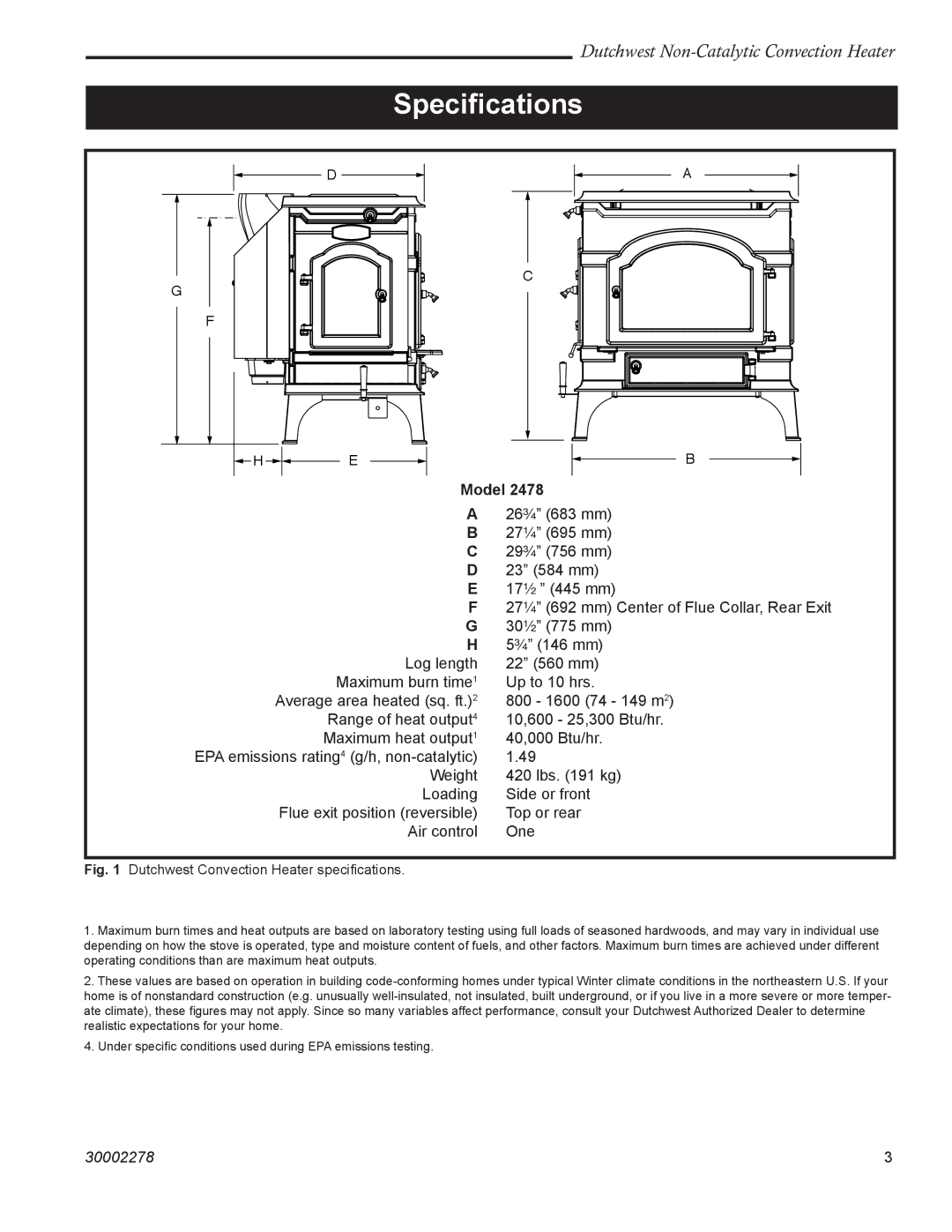 Vermont Casting 2478 manual Speciﬁcations, Model 