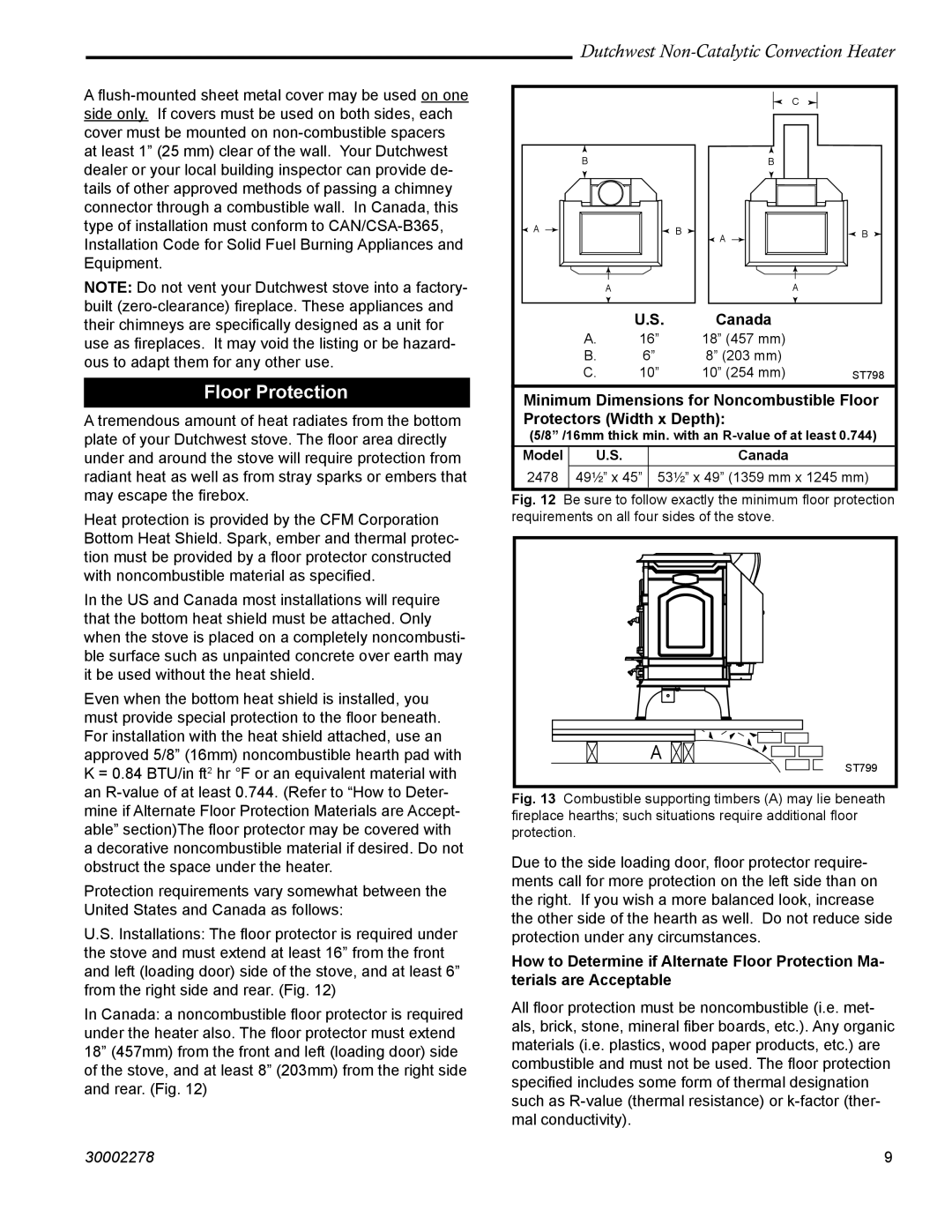 Vermont Casting 2478 manual Floor Protection, Canada 