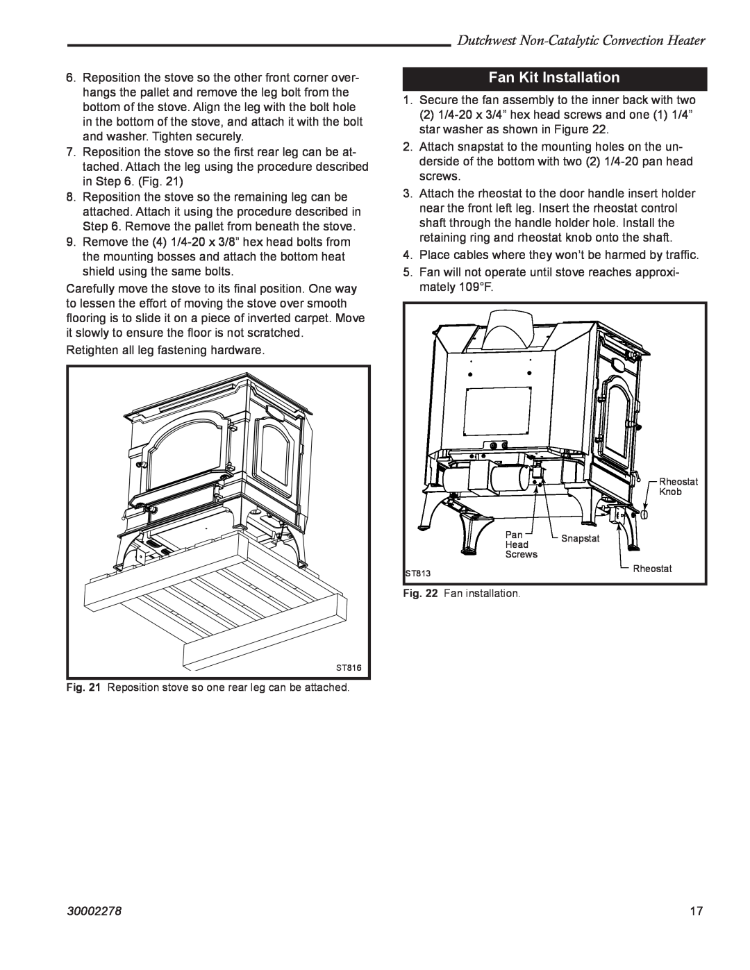 Vermont Casting 2478 manual Fan Kit Installation, Dutchwest Non-CatalyticConvection Heater, 30002278 