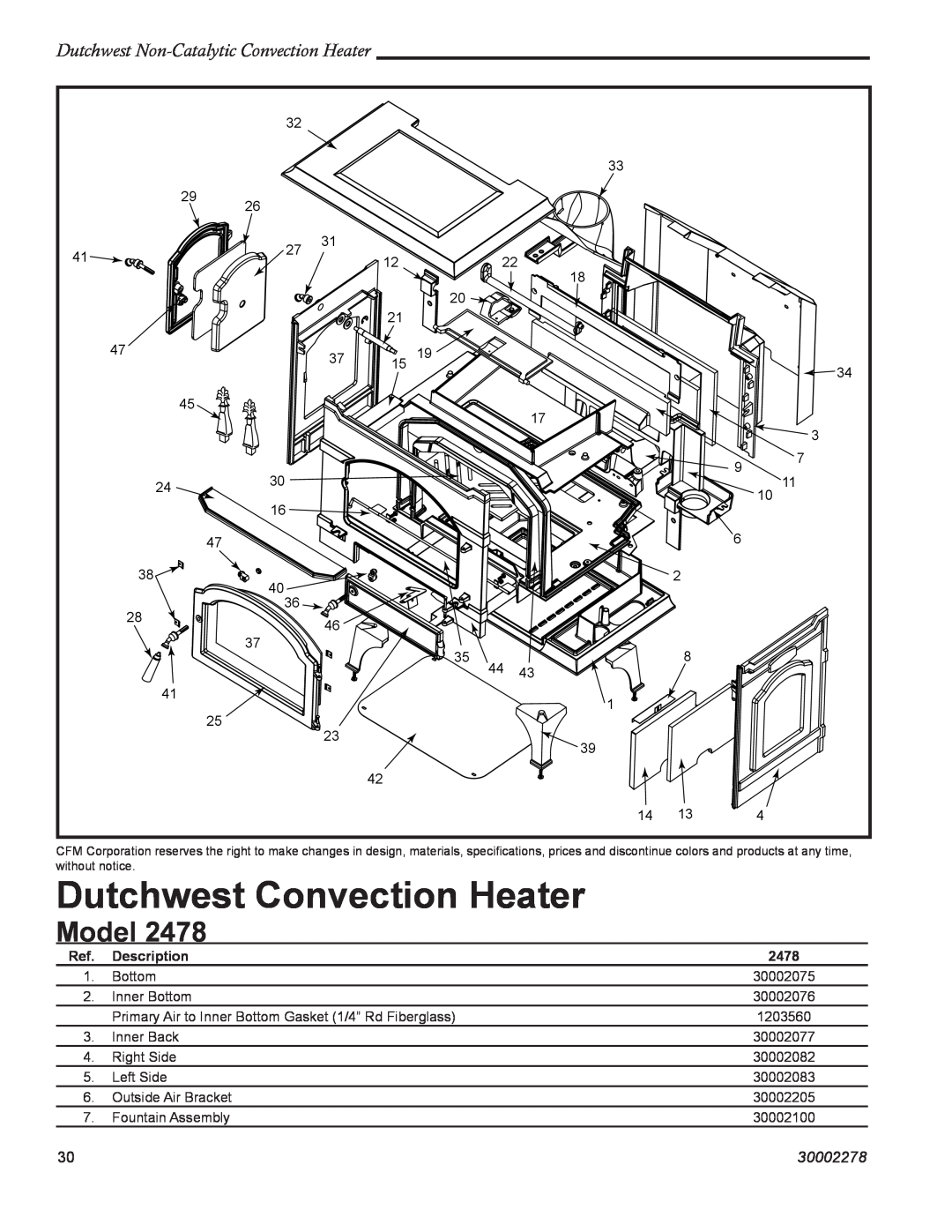 Vermont Casting 2478 manual Dutchwest Convection Heater, Model, Dutchwest Non-CatalyticConvection Heater, 30002278 