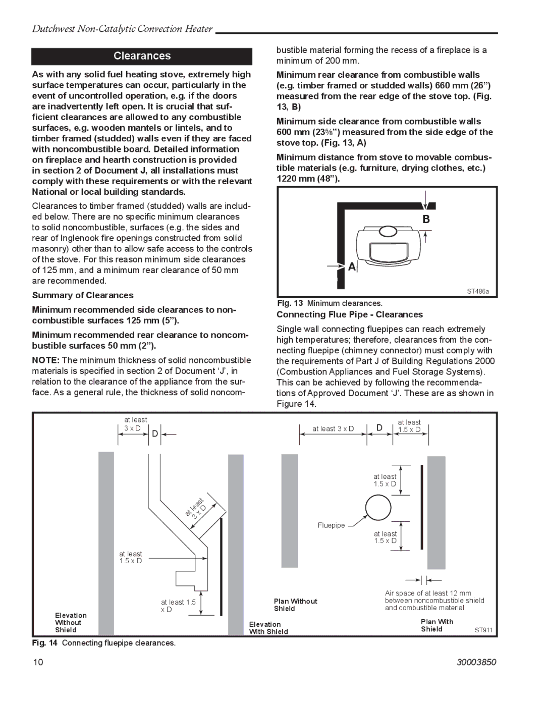 Vermont Casting 2478CE manual Connecting Flue Pipe Clearances 