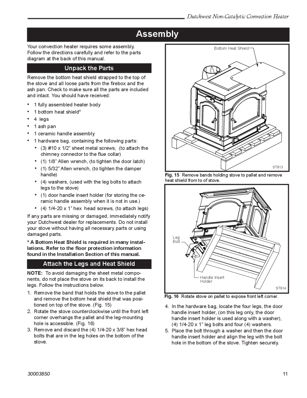 Vermont Casting 2478CE manual Assembly, Unpack the Parts, Attach the Legs and Heat Shield 