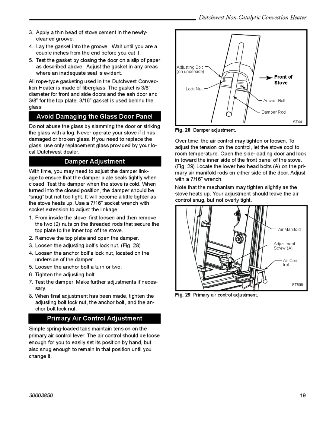 Vermont Casting 2478CE manual Avoid Damaging the Glass Door Panel, Damper Adjustment, Primary Air Control Adjustment 