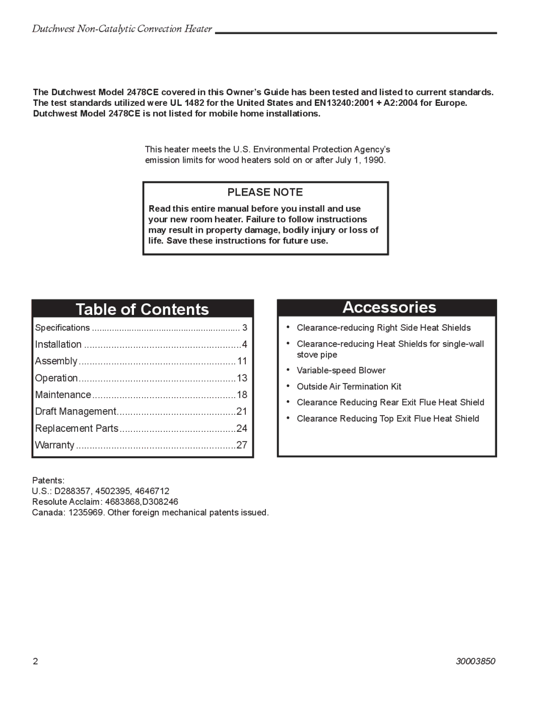 Vermont Casting 2478CE manual Table of Contents, Accessories 