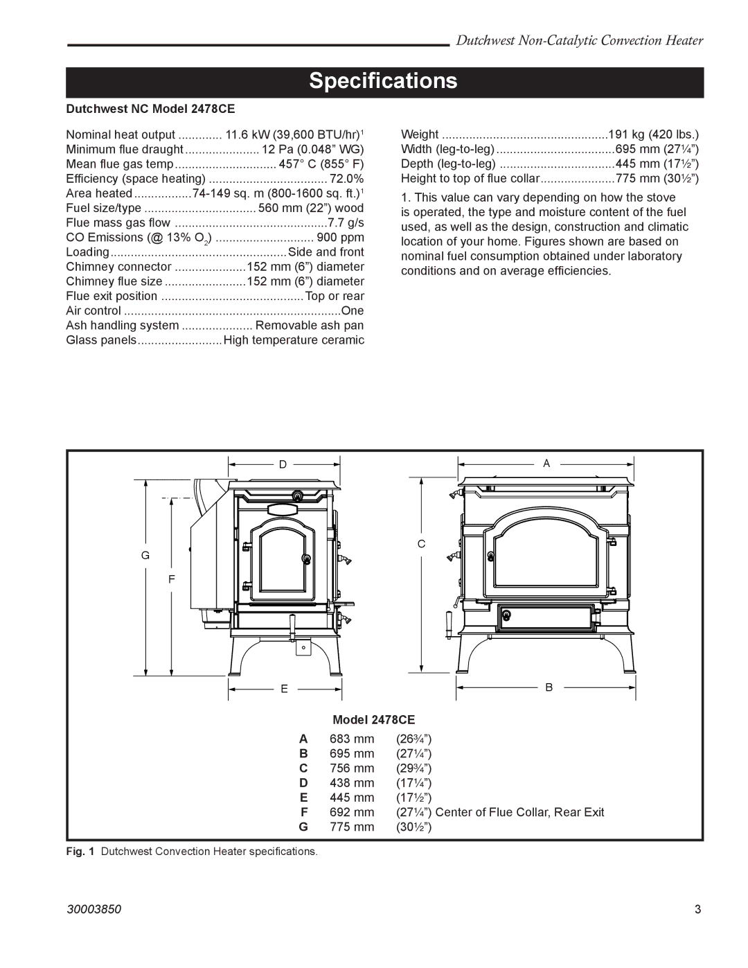 Vermont Casting manual Speciﬁcations, Dutchwest NC Model 2478CE 